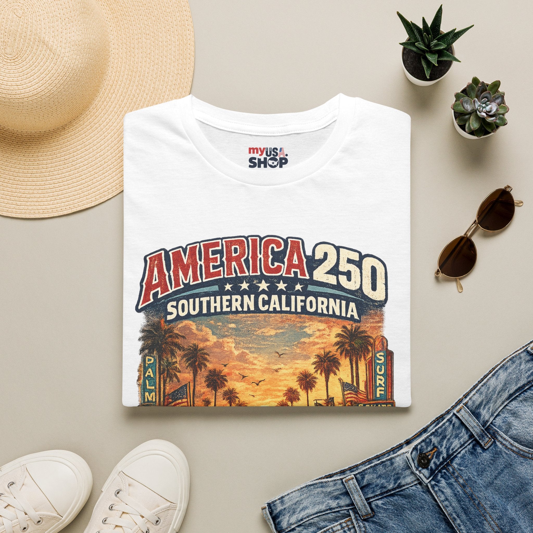America 250 Southern California Sunset T‑Shirt — Retro Route 66 Palm Tree Tee