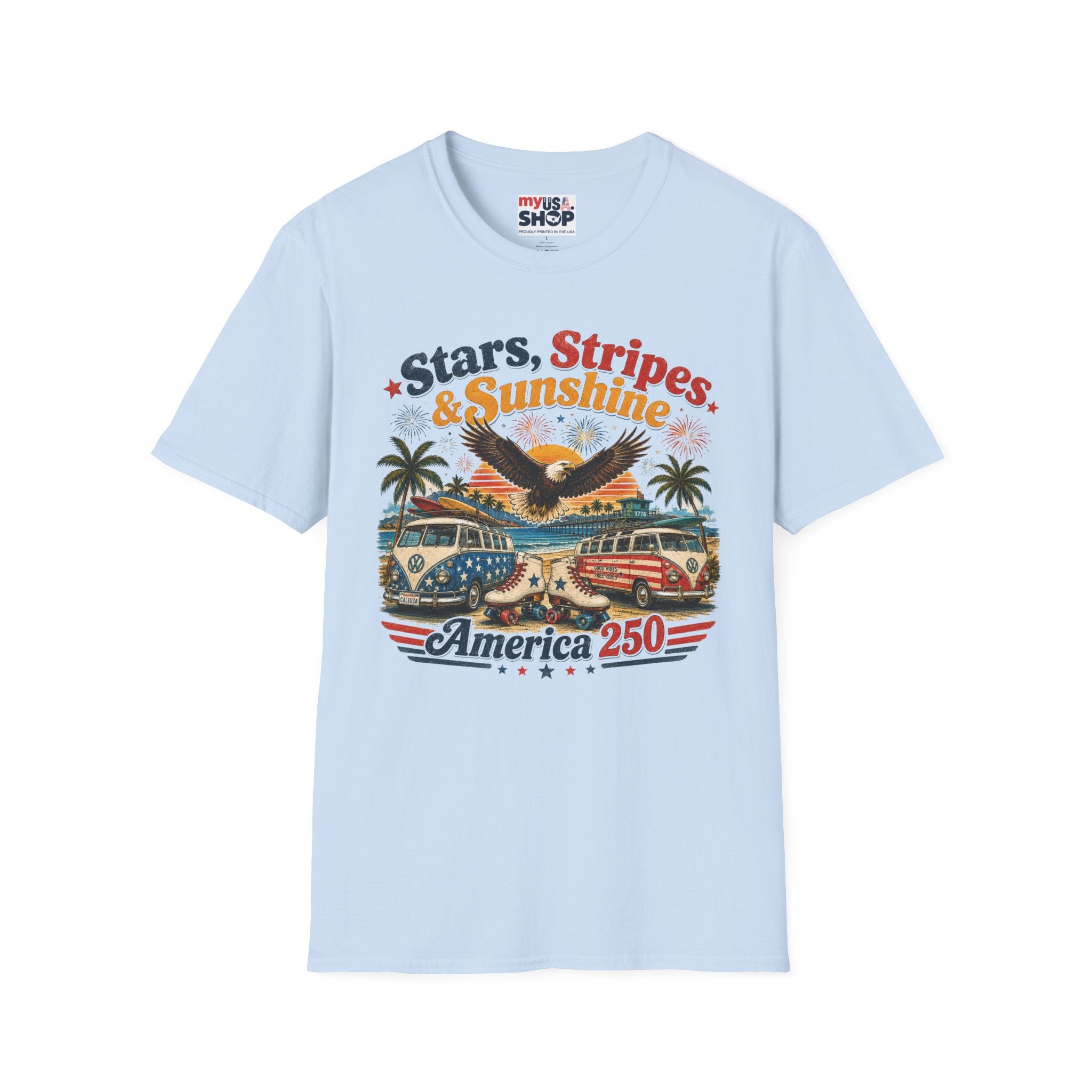 America 250 Stars, Stripes & Sunshine T-Shirt — Vintage Eagle Beach Americana Tee