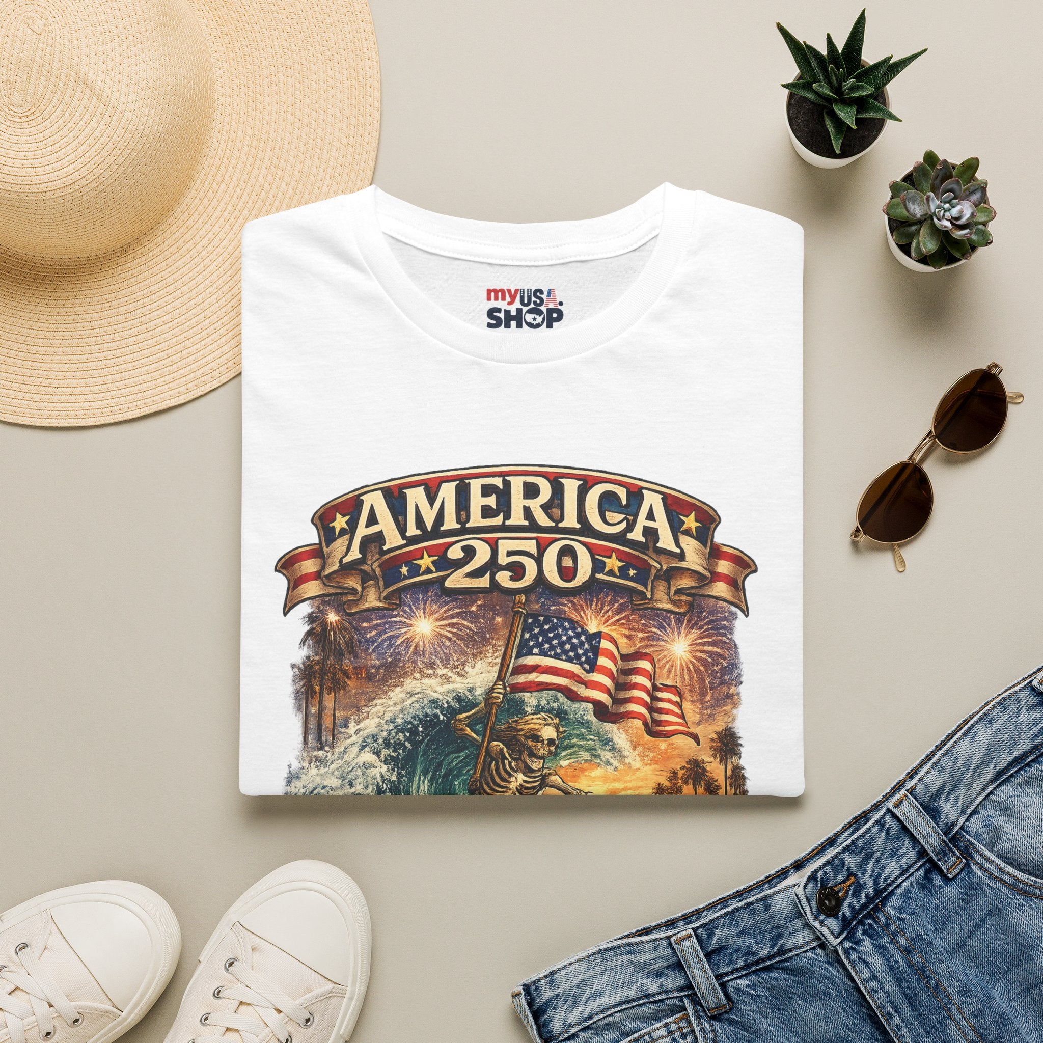 America 250 Venice Beach T-Shirt — Patriotic Vintage Surf & Fireworks Tee