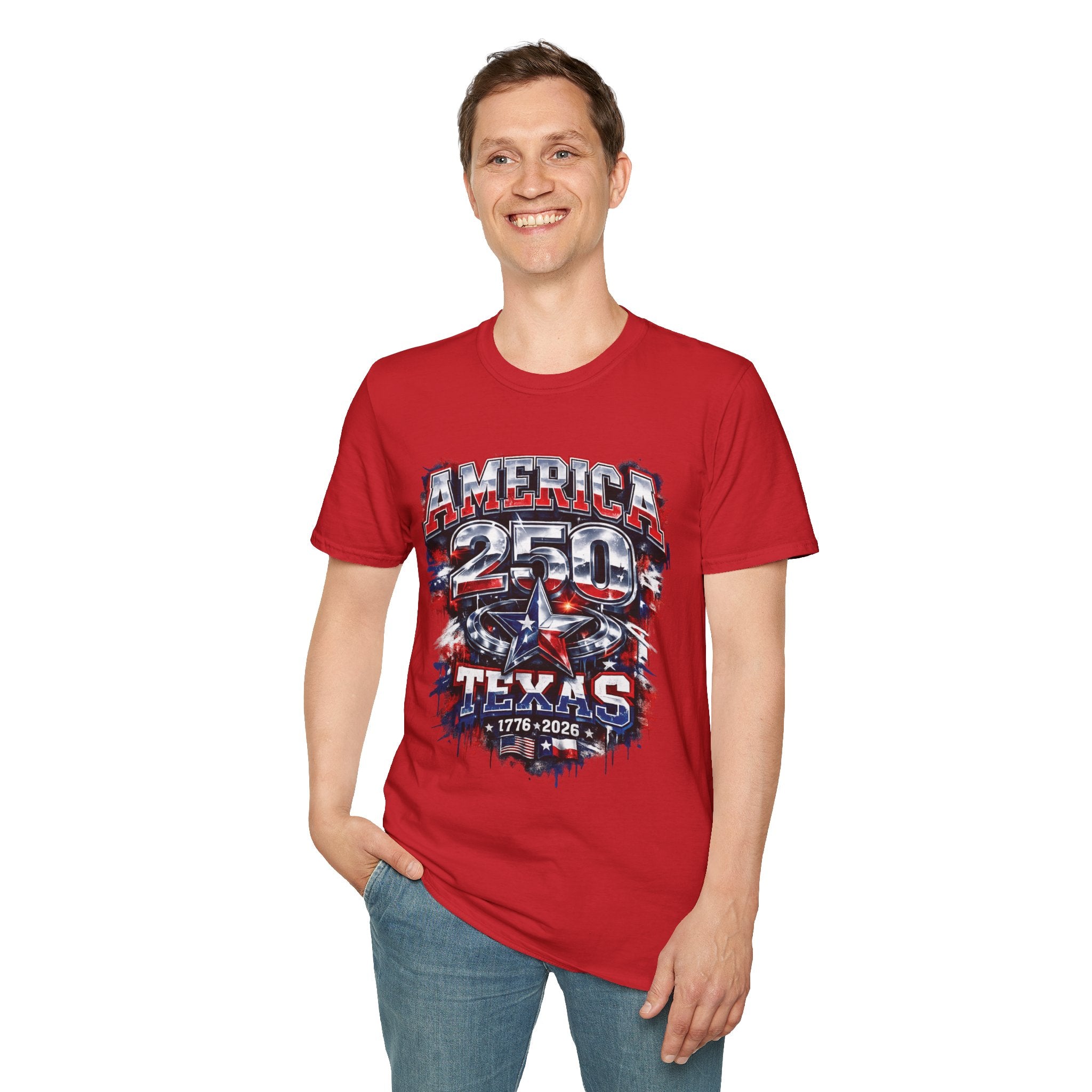 America 250 Texas Shirt — Patriotic Chrome Star Graphic Tee