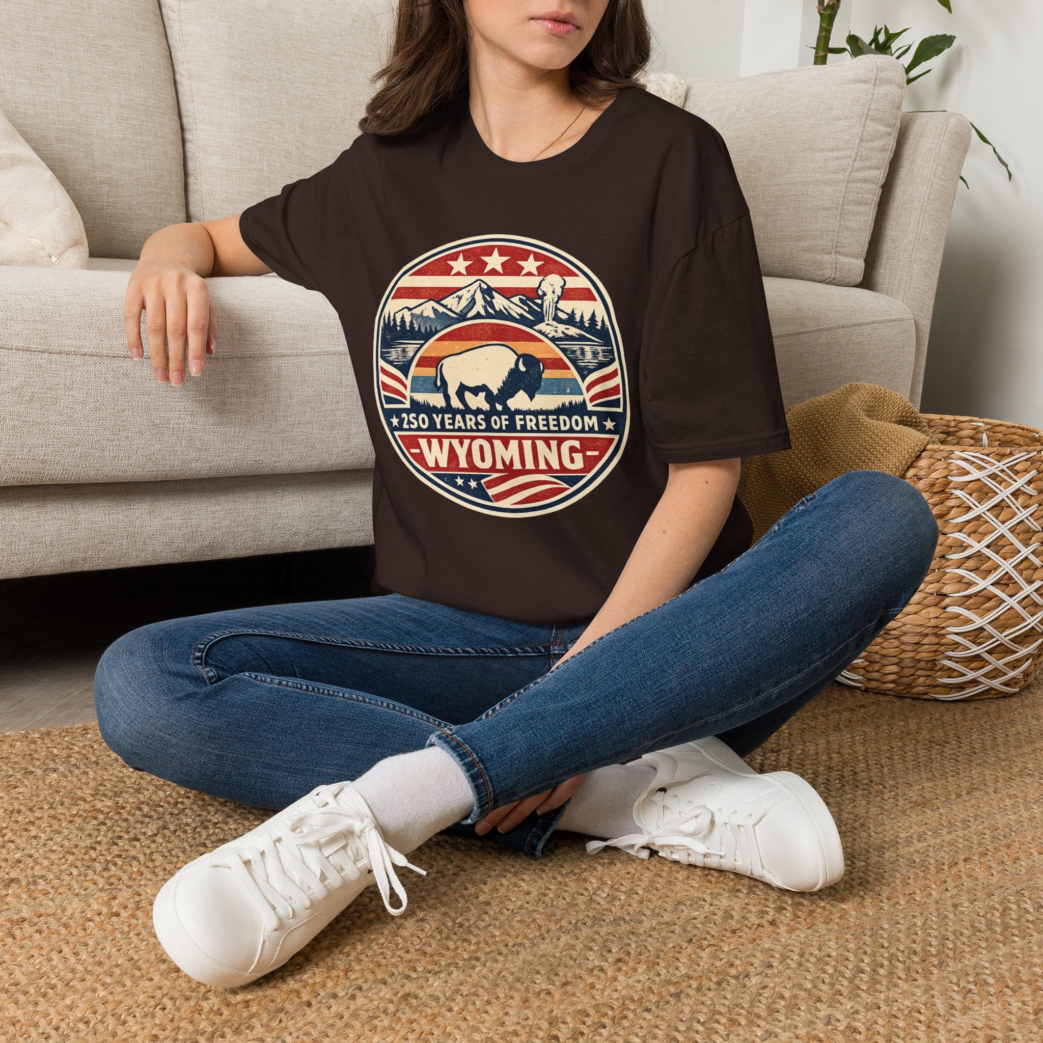 Wyoming Buffalo Tee — America 250 Retro Mountain Graphic T-Shirt