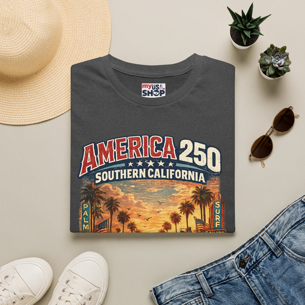 America 250 Southern California Sunset T‑Shirt — Retro Route 66 Palm Tree Tee