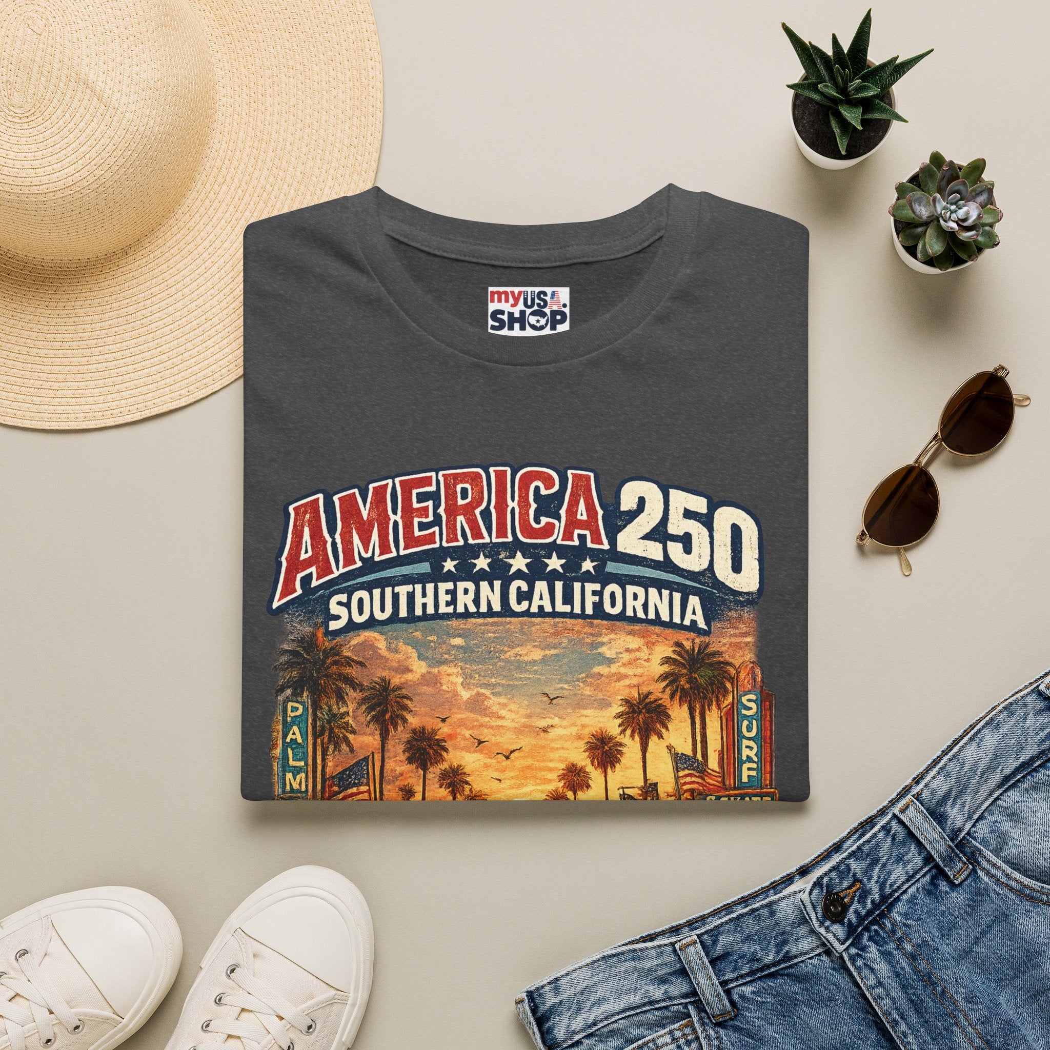 America 250 Southern California Sunset T‑Shirt — Retro Route 66 Palm Tree Tee