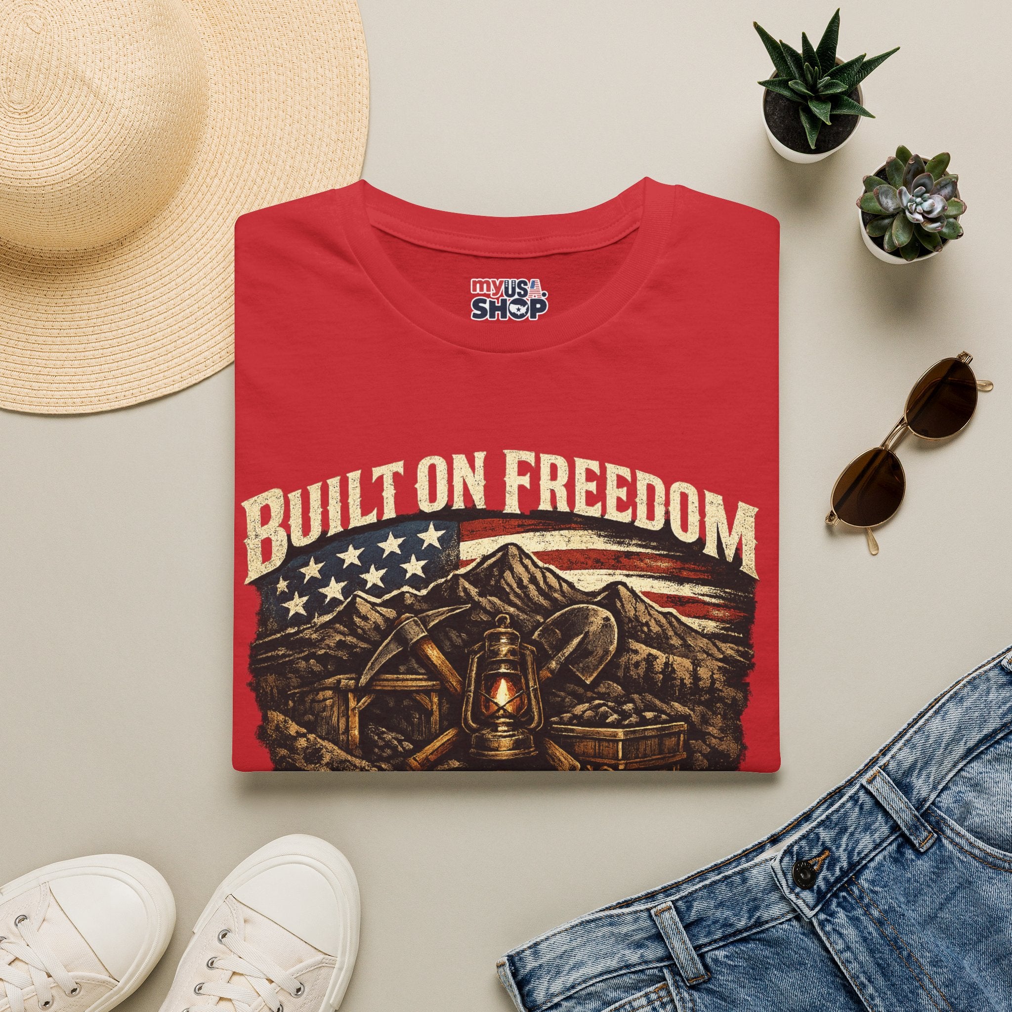 America 250 T-Shirt — Built on Freedom West Virginia Vintage Flag Mountain