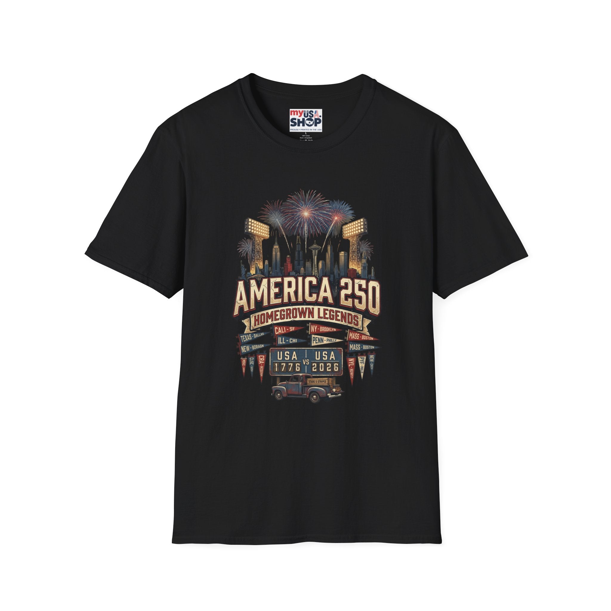 America 250 Celebration T‑Shirt — Hometown Legends Fireworks Skyline Pop Culture
