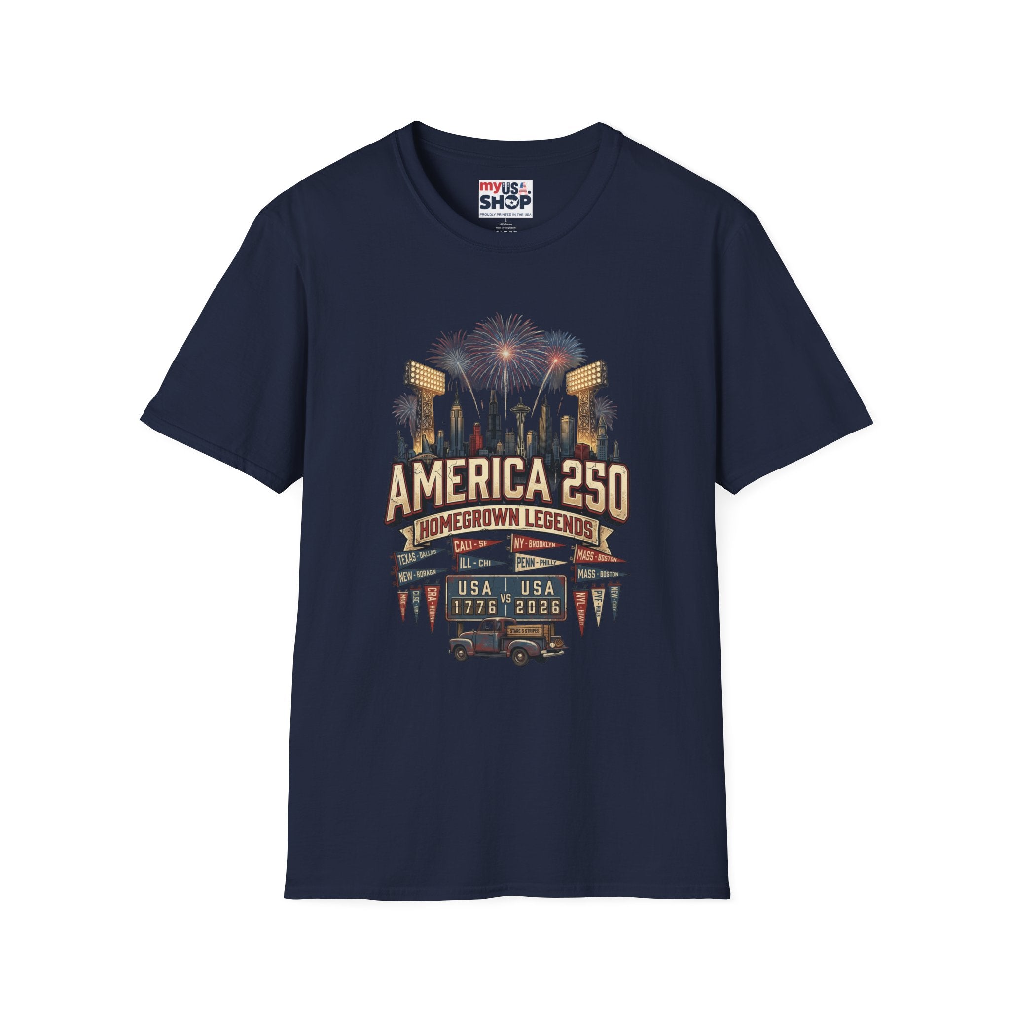 America 250 Celebration T‑Shirt — Hometown Legends Fireworks Skyline Pop Culture