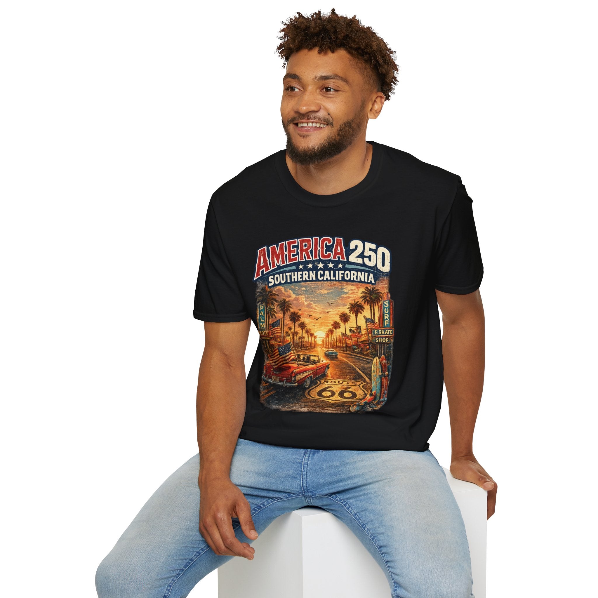 America 250 Southern California Sunset T‑Shirt — Retro Route 66 Palm Tree Tee