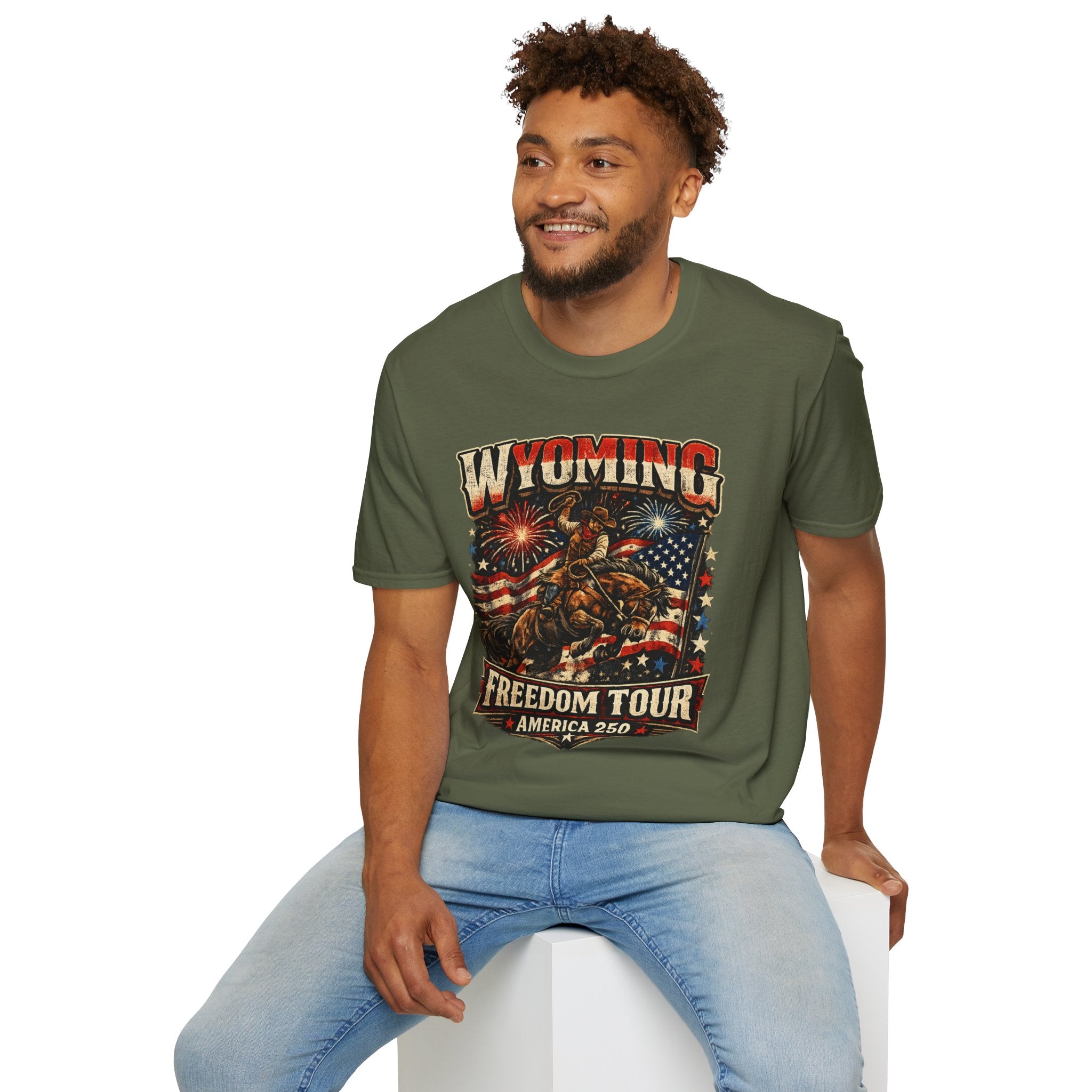 America 250 Freedom Tour T-Shirt — Wyoming Patriotic Rodeo USA Graphic Tee