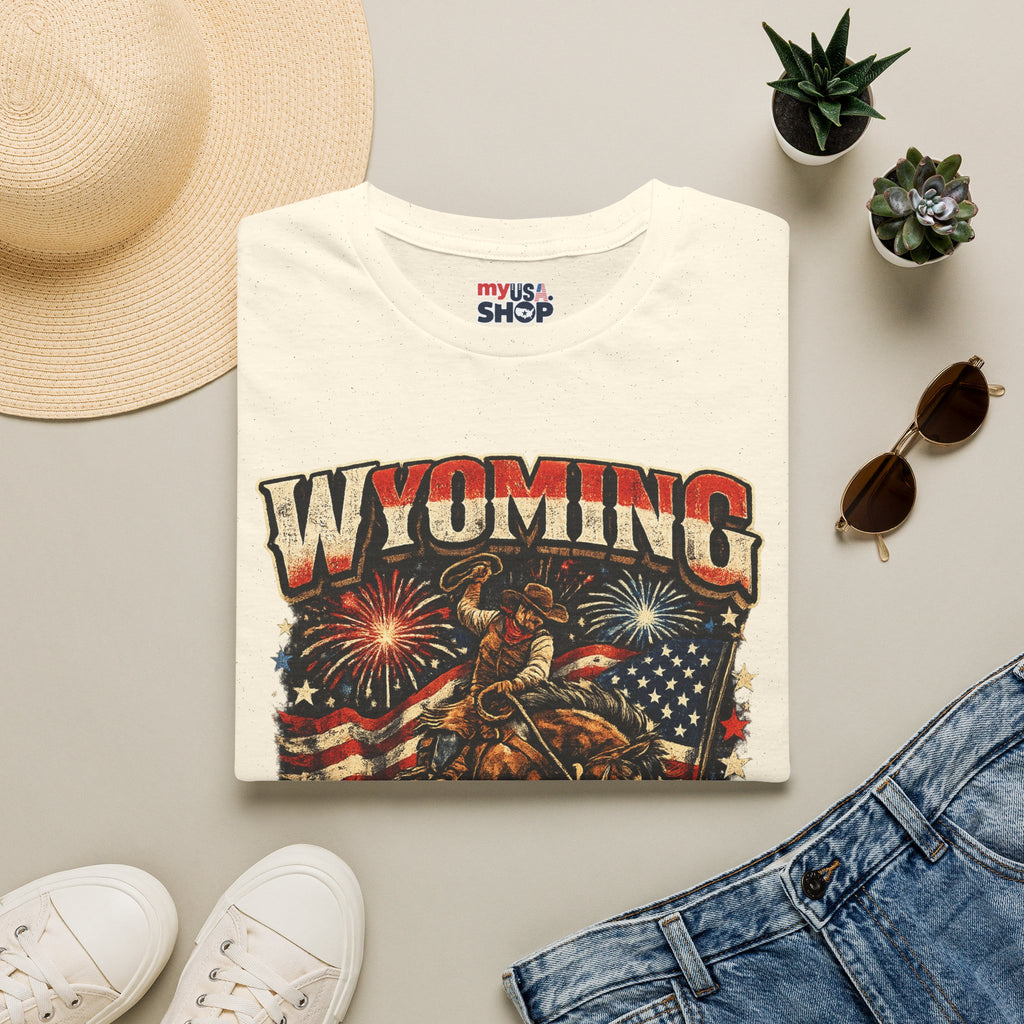 America 250 Freedom Tour T-Shirt — Wyoming Patriotic Rodeo USA Graphic Tee