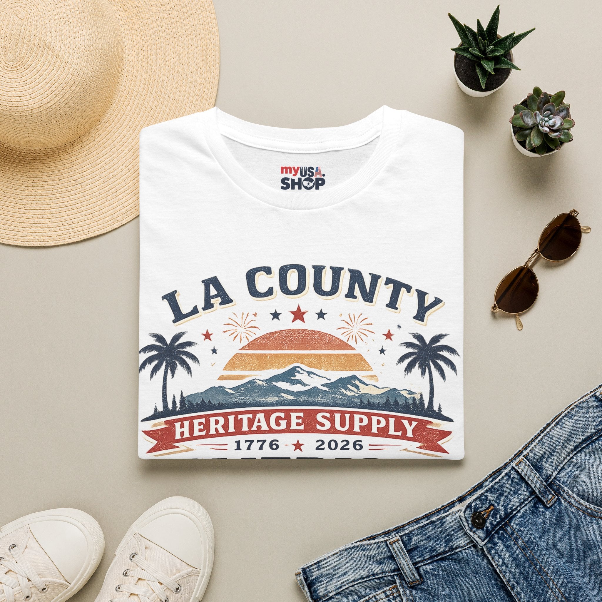 LA County Heritage Supply America 250 T-Shirt — 1776–2026 Vintage Sunset Tee