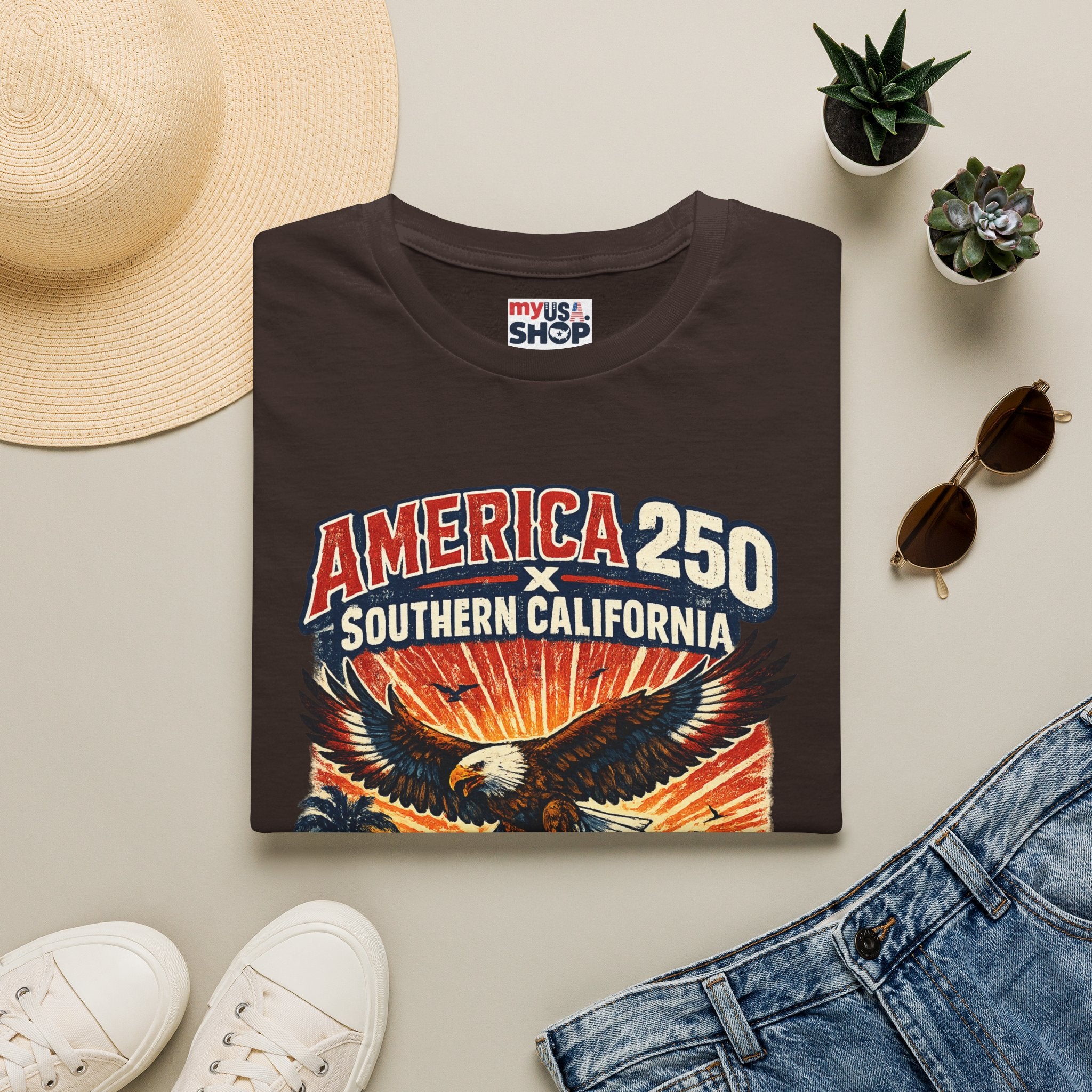 America 250 Southern California Graphic T-Shirt — Eagle, Sunset & Beach Vintage Design