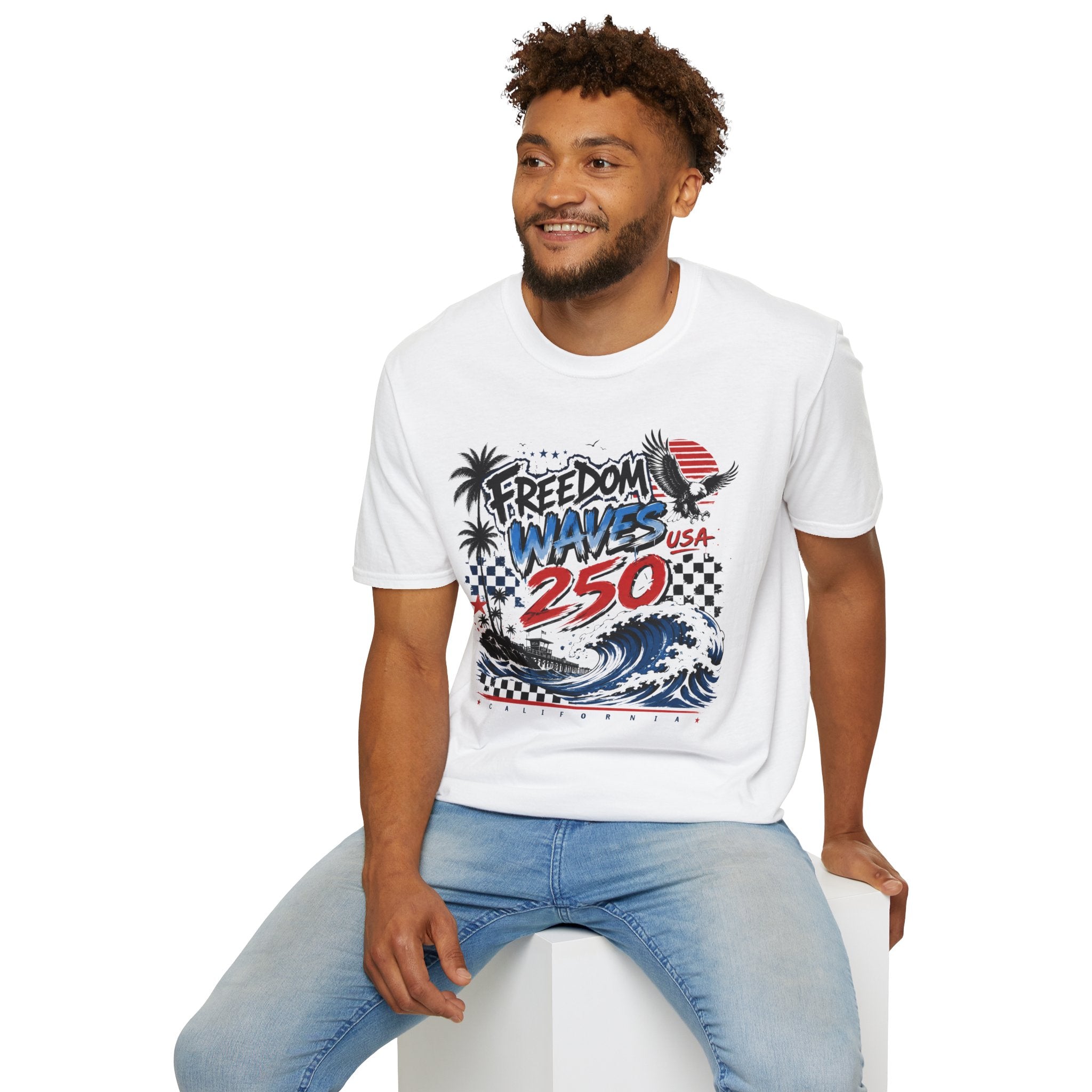 Freedom Waves America 250 USA T-Shirt — Patriotic Surf Graphic Tee