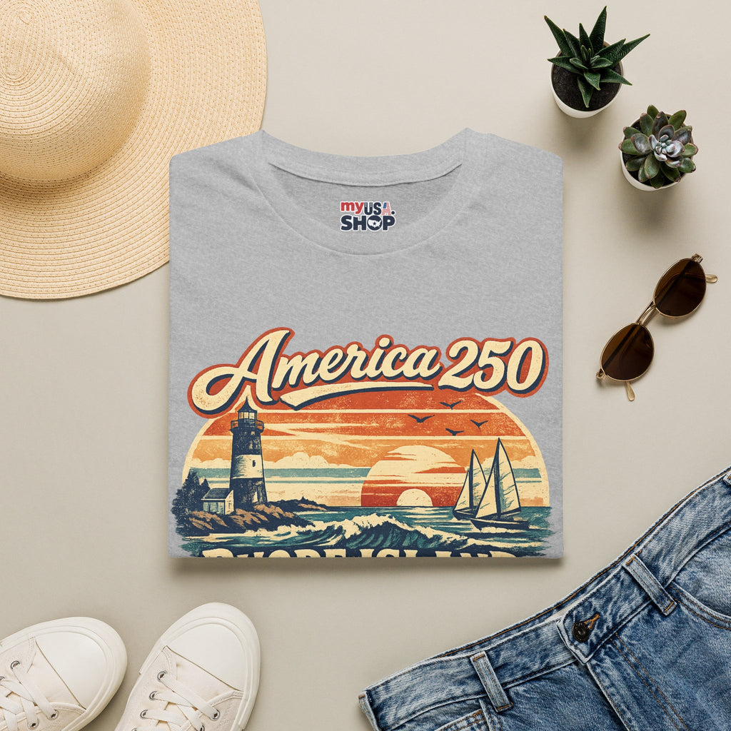 America 250 Rhode Island Heritage Shirt — Coastal Lighthouse Sunset Tee