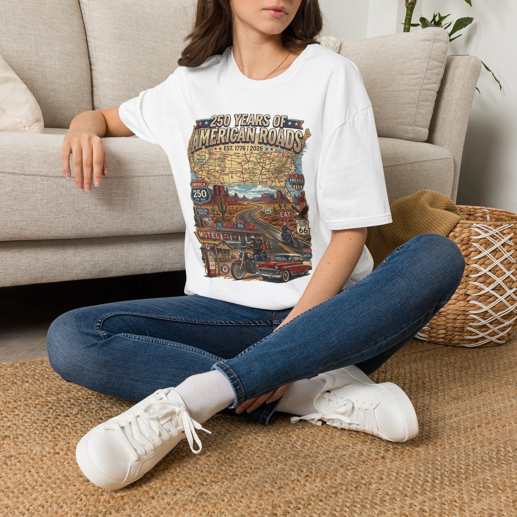 250 Years of American Roads T‑Shirt — Vintage USA Roadmap & Route 66 Travel Tee America 250 Pop Culture