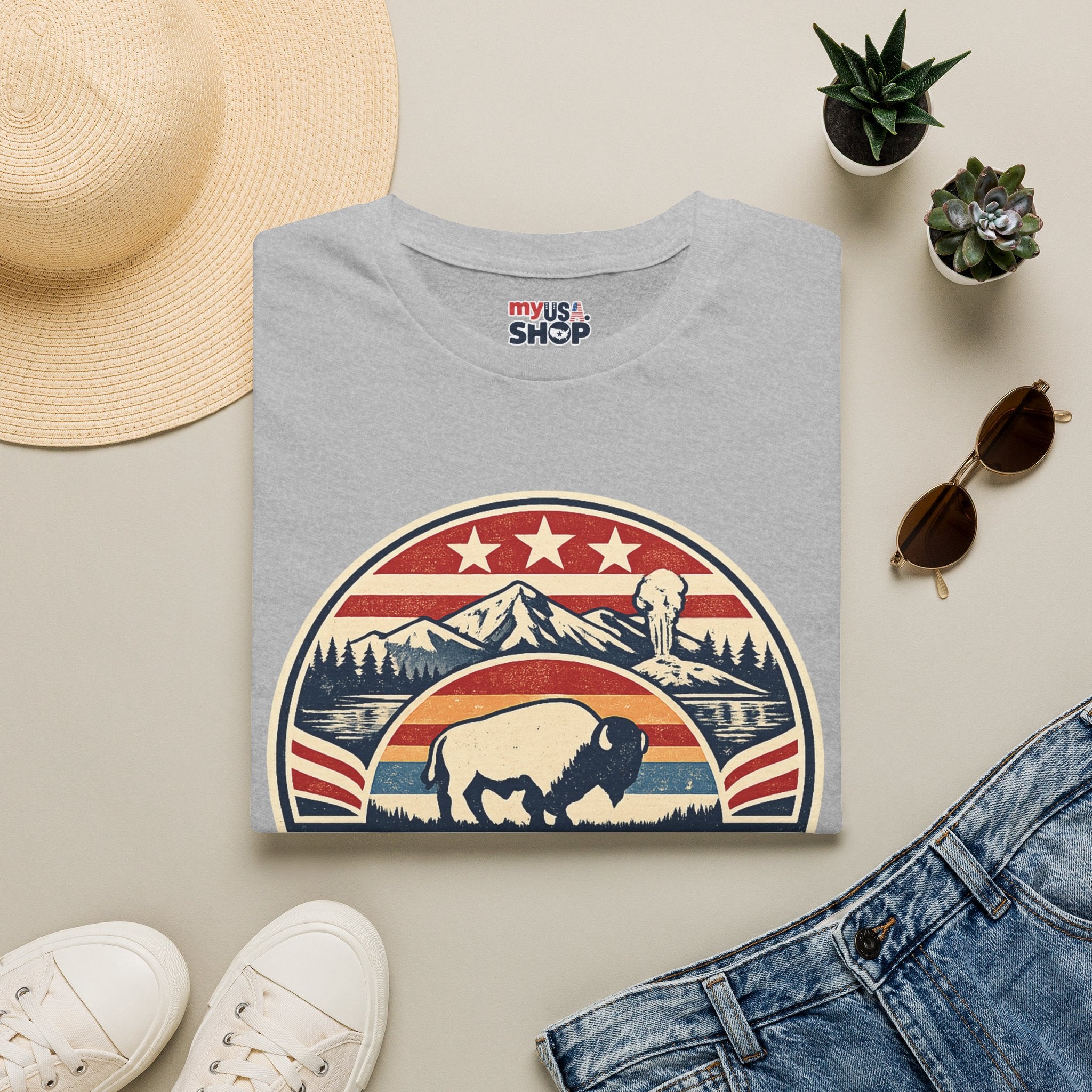 Wyoming Buffalo Tee — America 250 Retro Mountain Graphic T-Shirt
