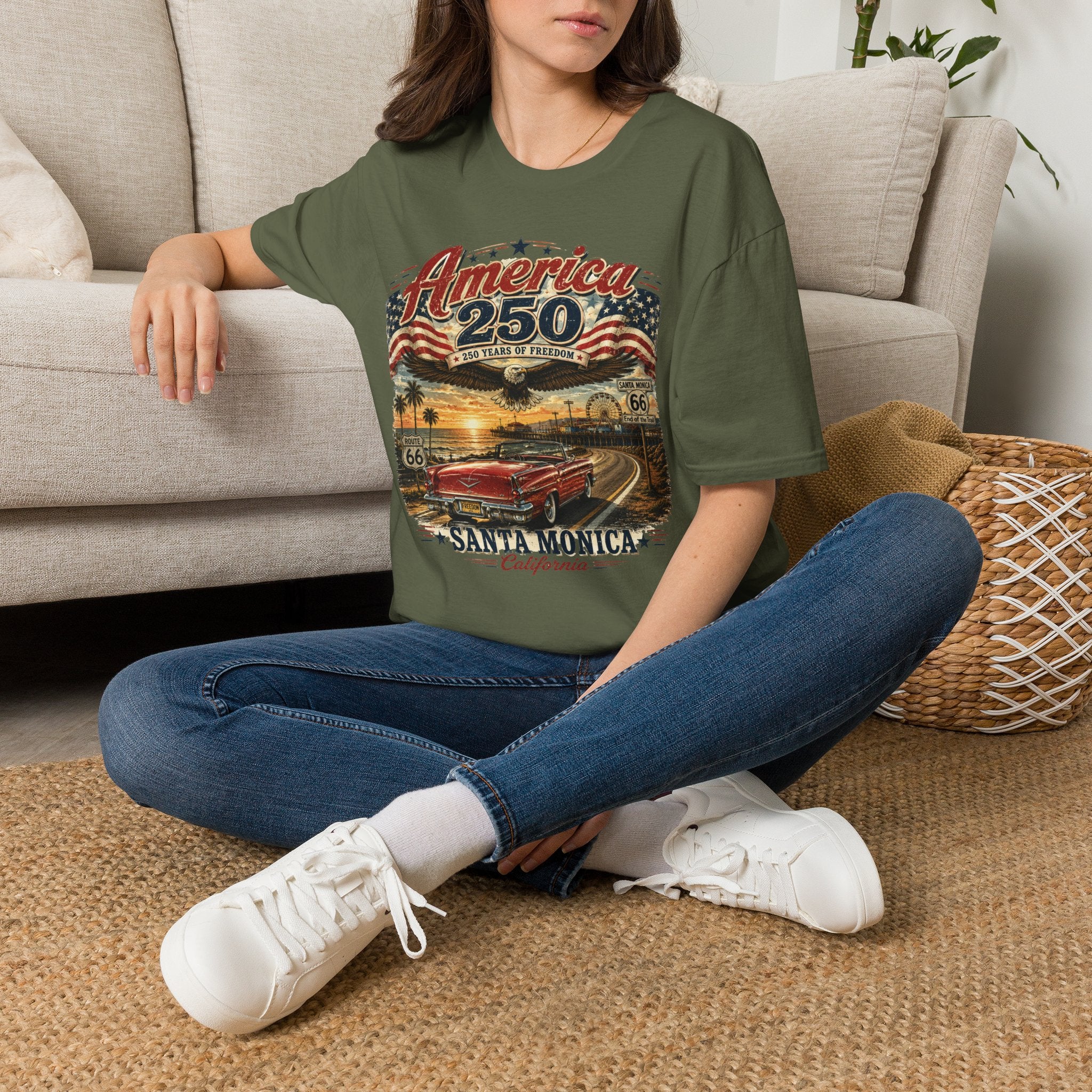 America 250 Santa Monica T-Shirt — USA 250 Years of Freedom Vintage Graphic Tee