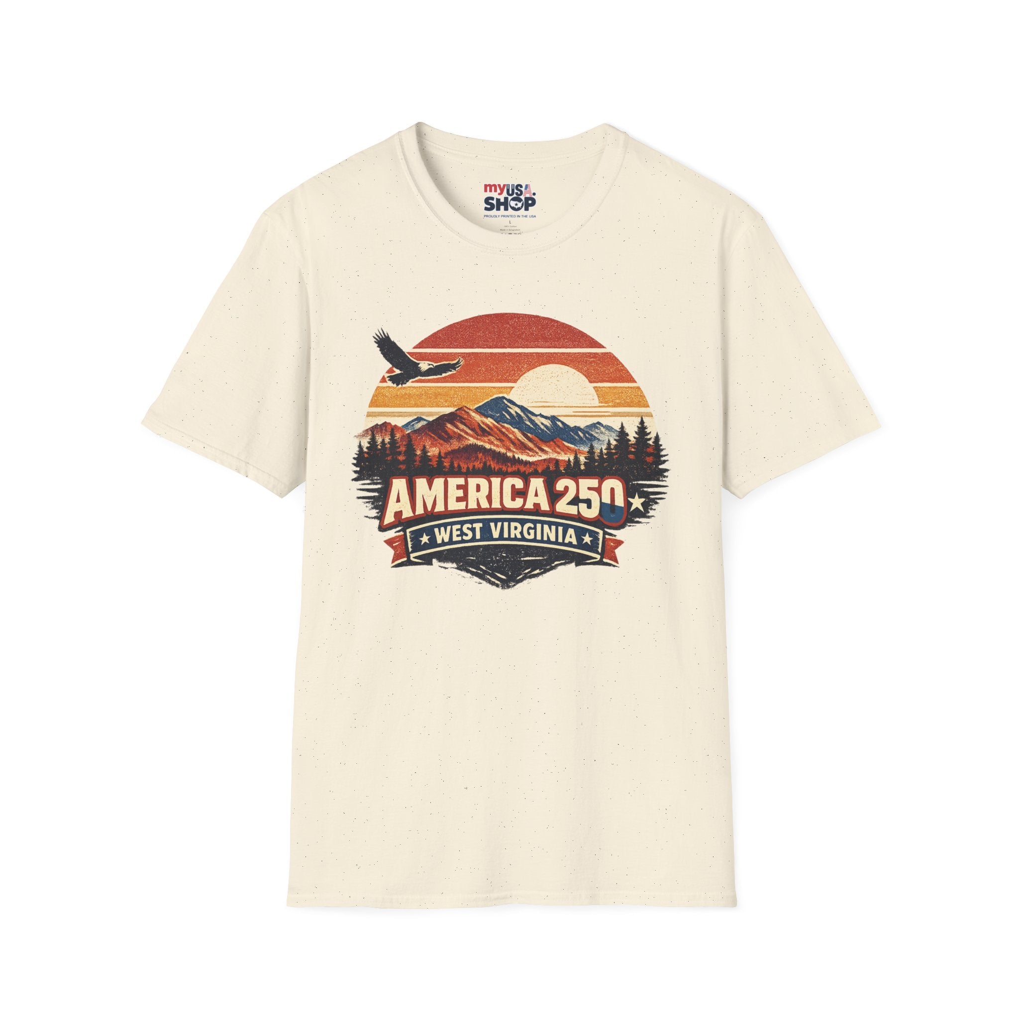 America 250 Retro Sunrise T-Shirt — West Virginia Scenic Eagle Design