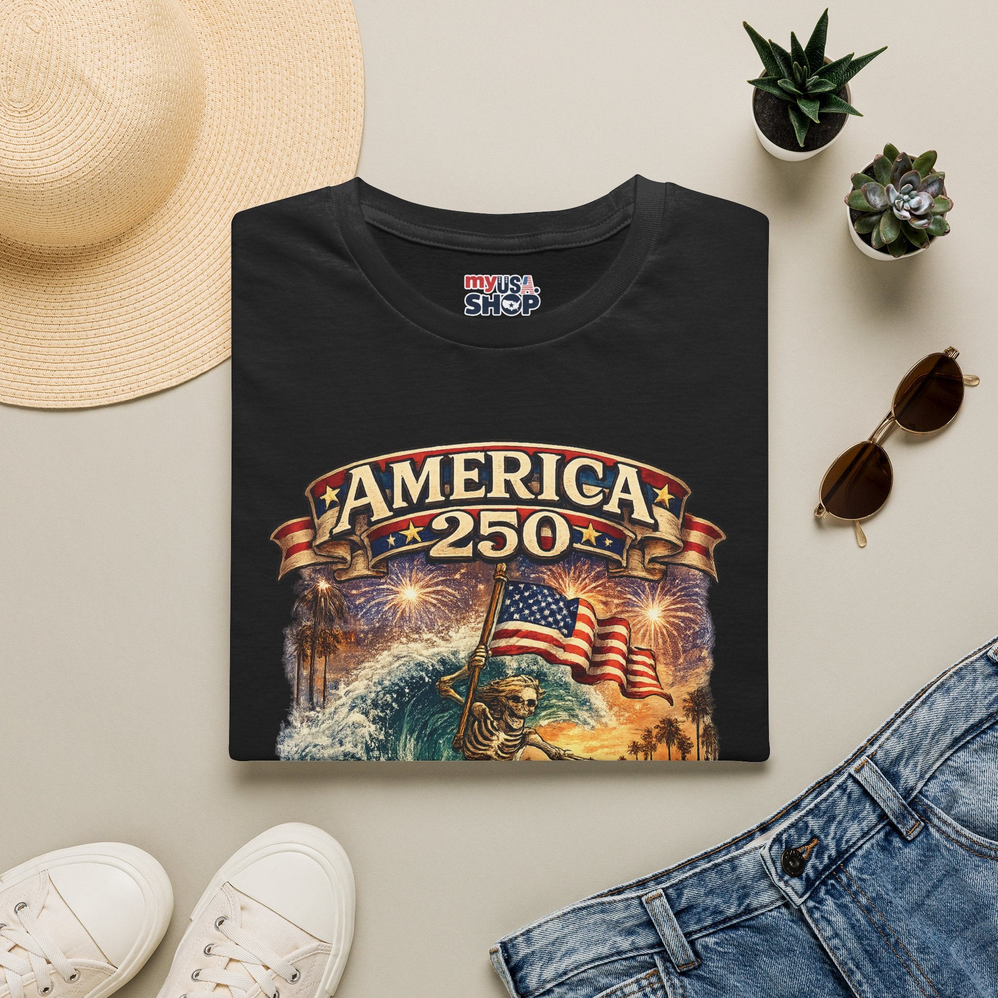 America 250 Venice Beach T-Shirt — Patriotic Vintage Surf & Fireworks Tee