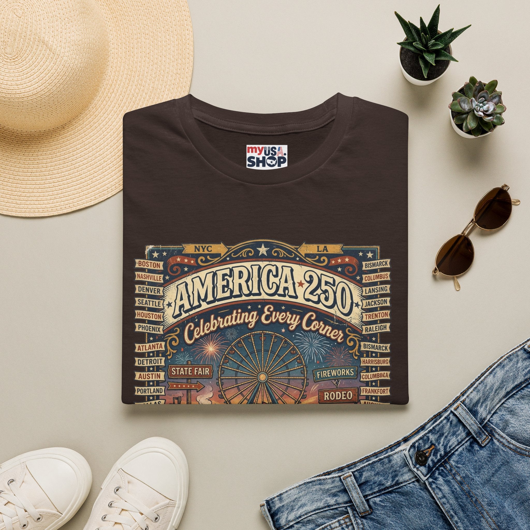 America 250 Celebration T-Shirt — Vintage Fair Ferris Wheel Patriotic Tee Pop Culture