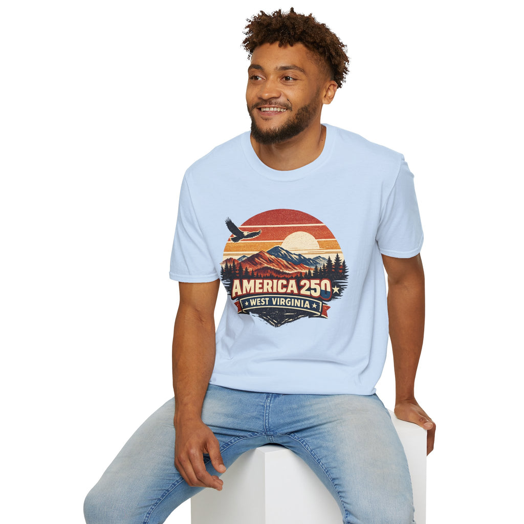 America 250 Retro Sunrise T-Shirt — West Virginia Scenic Eagle Design