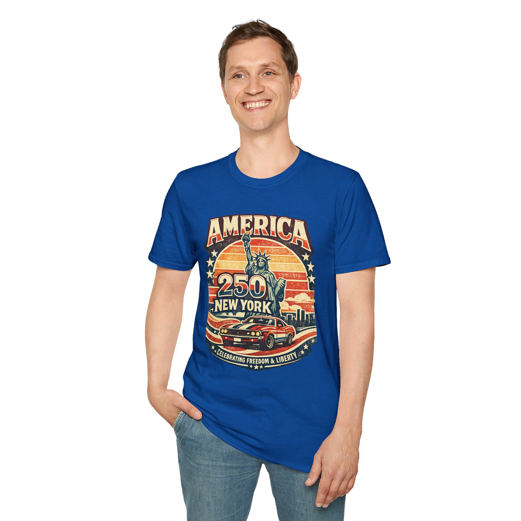 America 250 New York T-Shirt — Retro Statue of Liberty Graphic