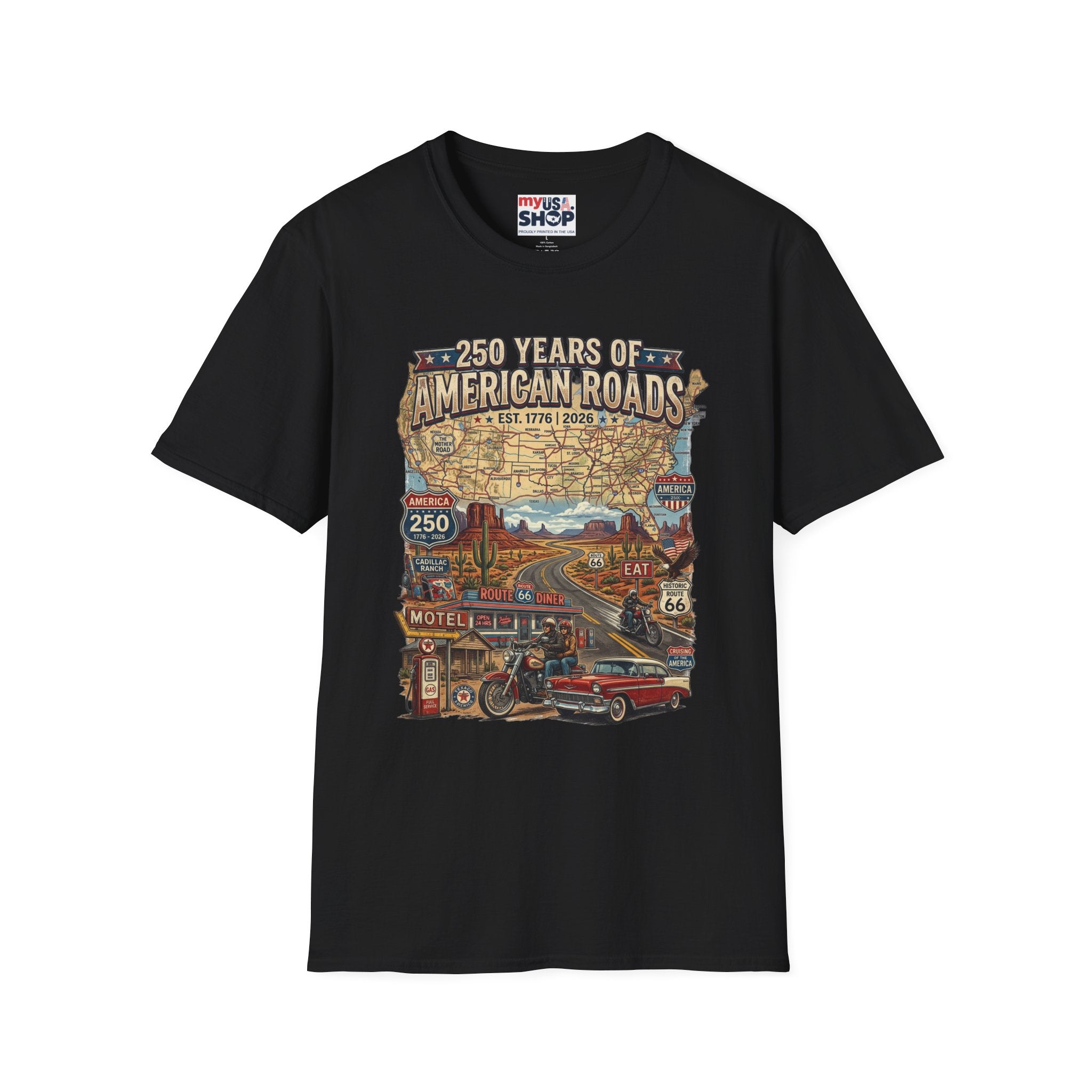 250 Years of American Roads T‑Shirt — Vintage USA Roadmap & Route 66 Travel Tee America 250 Pop Culture
