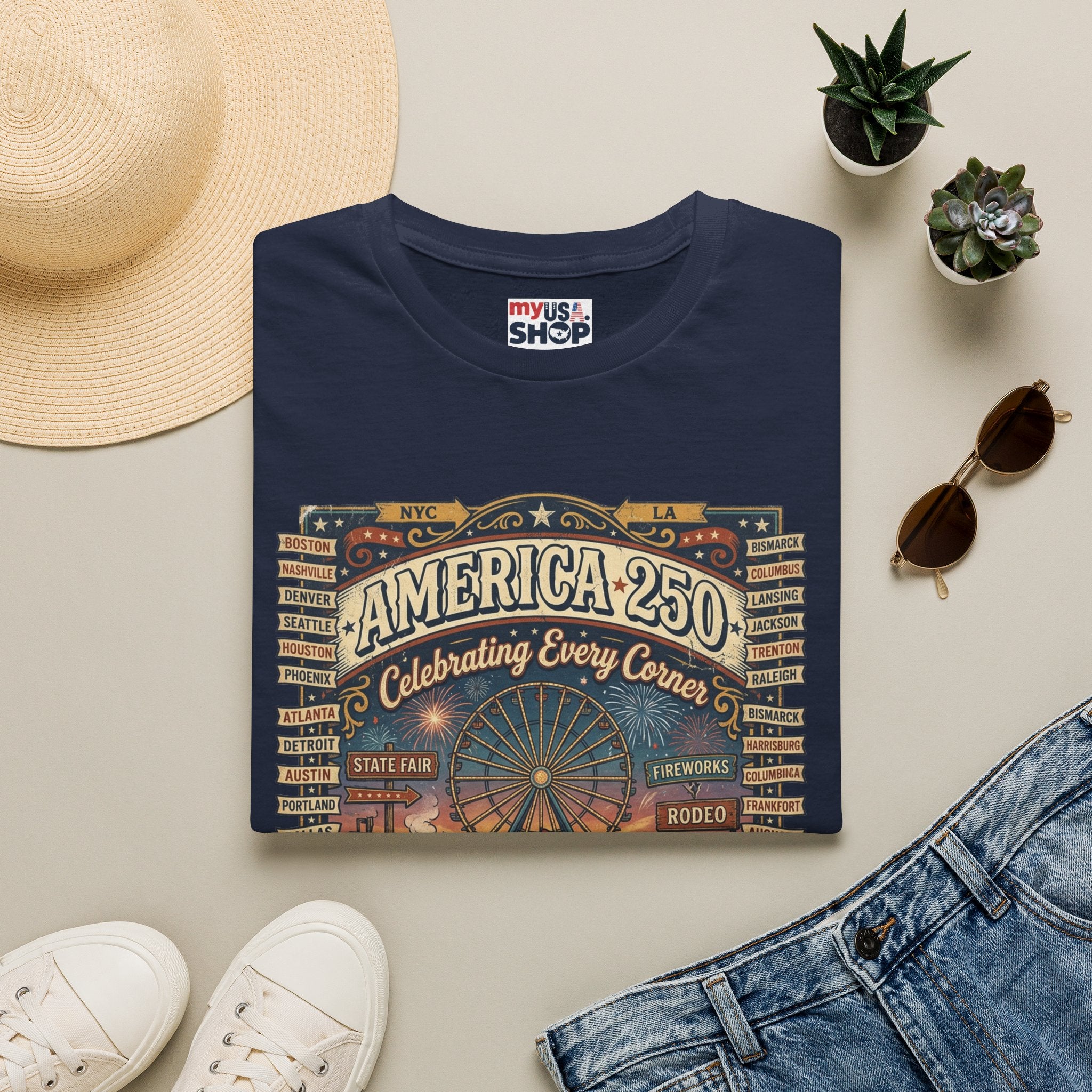 America 250 Celebration T-Shirt — Vintage Fair Ferris Wheel Patriotic Tee Pop Culture