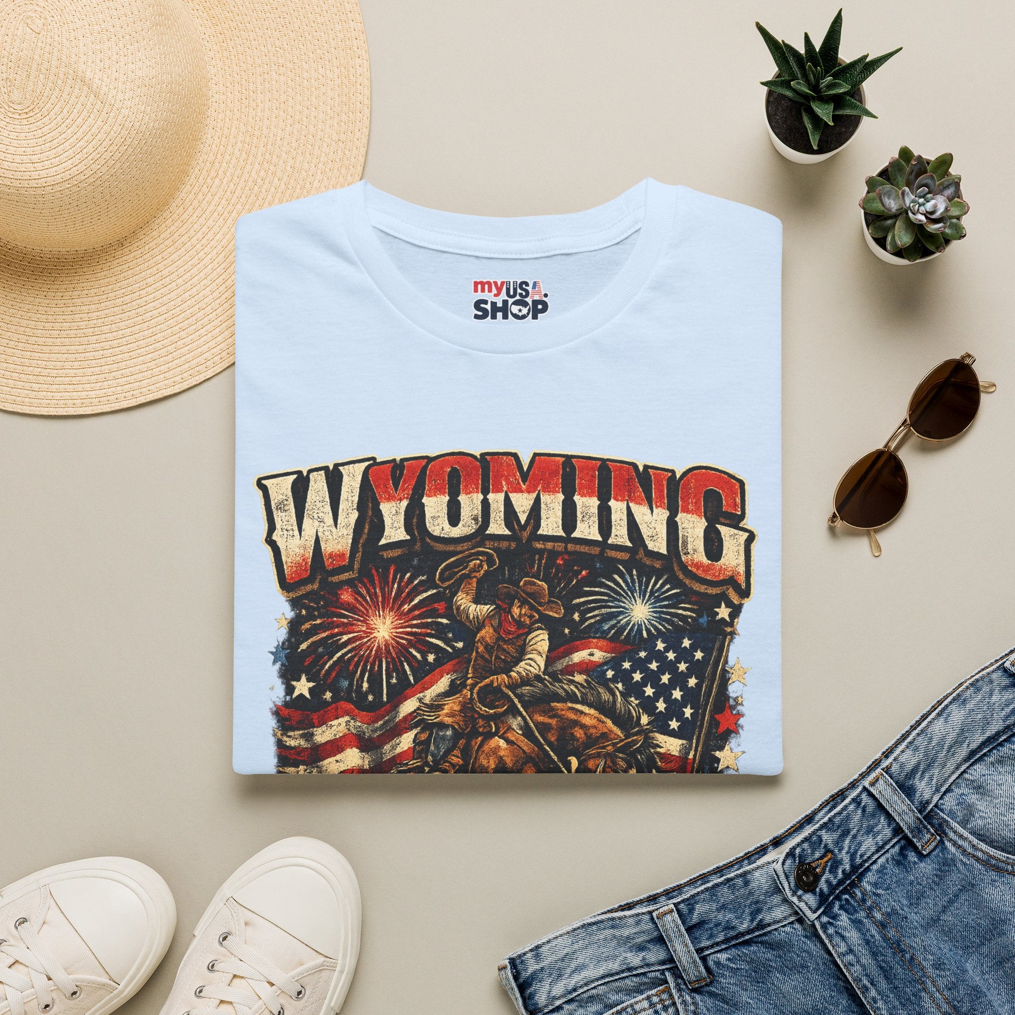 America 250 Freedom Tour T-Shirt — Wyoming Patriotic Rodeo USA Graphic Tee