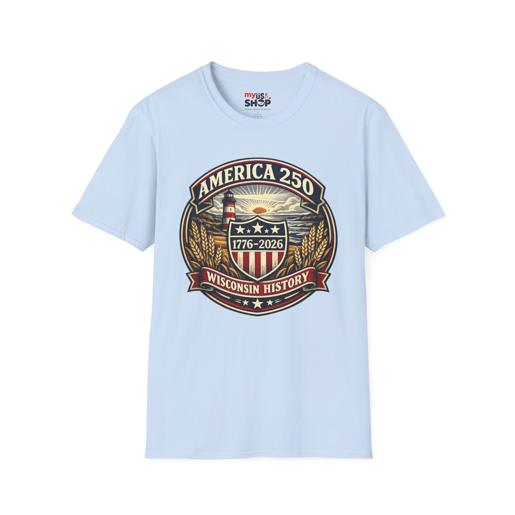 America 250 Commemorative T-Shirt – Wisconsin History Lighthouse Vintage Badge