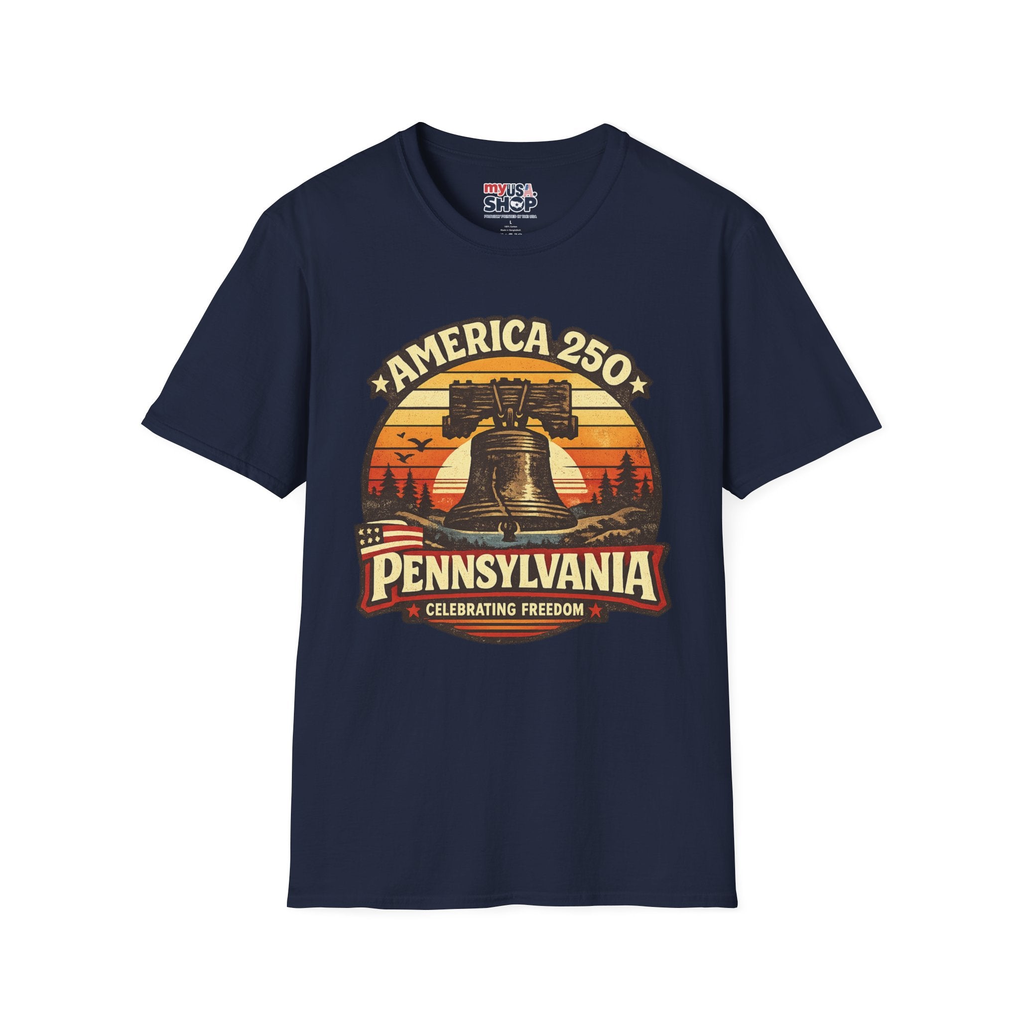 Pennsylvania America 250 Shirt — Retro Sunset Liberty Bell Graphic Tee