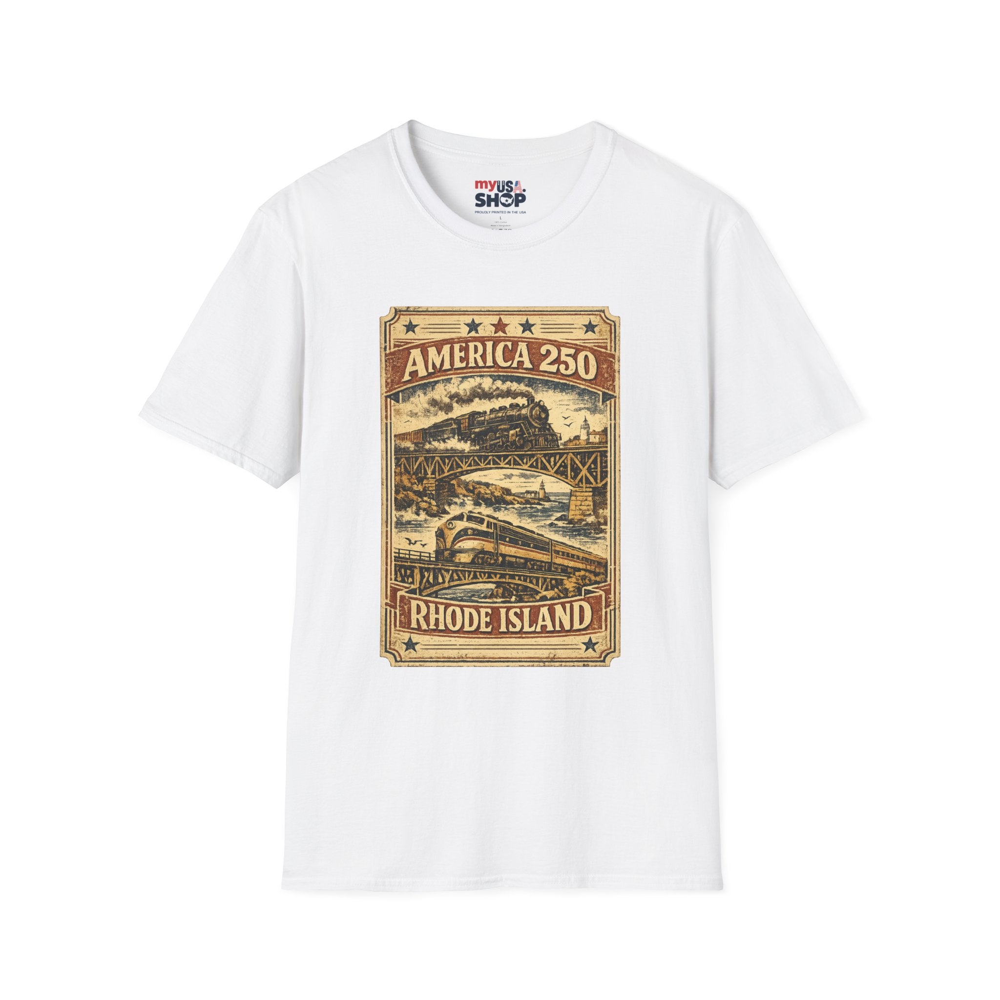 America 250 Rhode Island Train Heritage T-Shirt — Vintage Railroad Graphic Tee