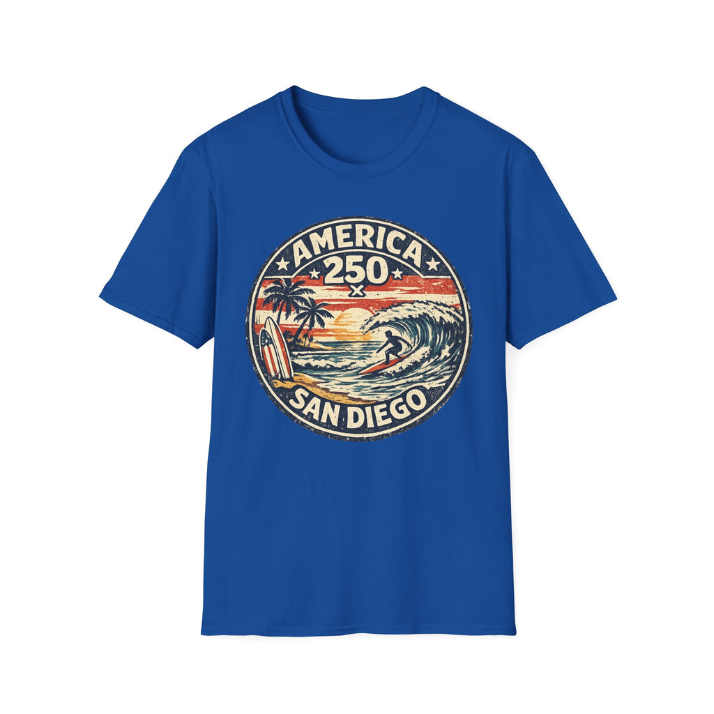 America 250 San Diego California Vintage Surf Emblem Tee