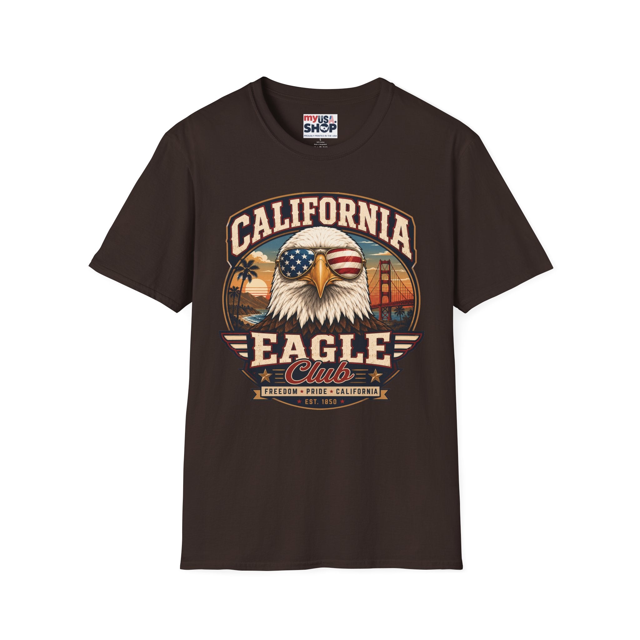 America 250 California Eagle Club T-Shirt — Patriotic Vintage Bald Eagle & Golden Gate Tee