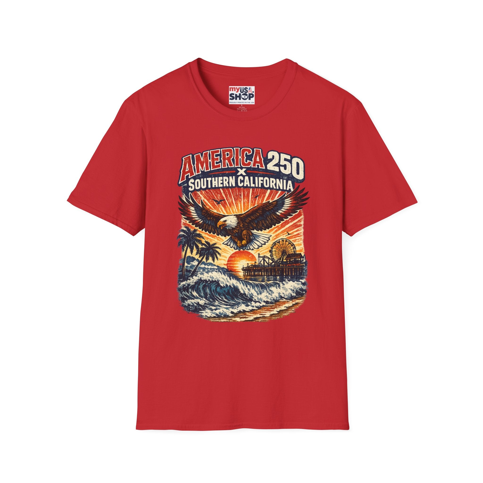 America 250 Southern California Graphic T-Shirt — Eagle, Sunset & Beach Vintage Design