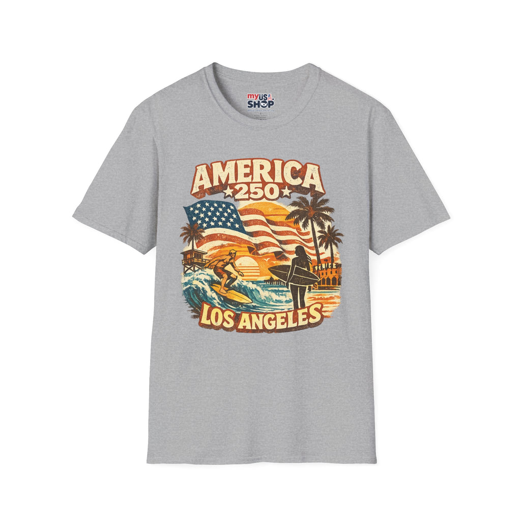 America 250 Los Angeles Surfers Beach Flag Palm Trees Sunset Retro California Tee