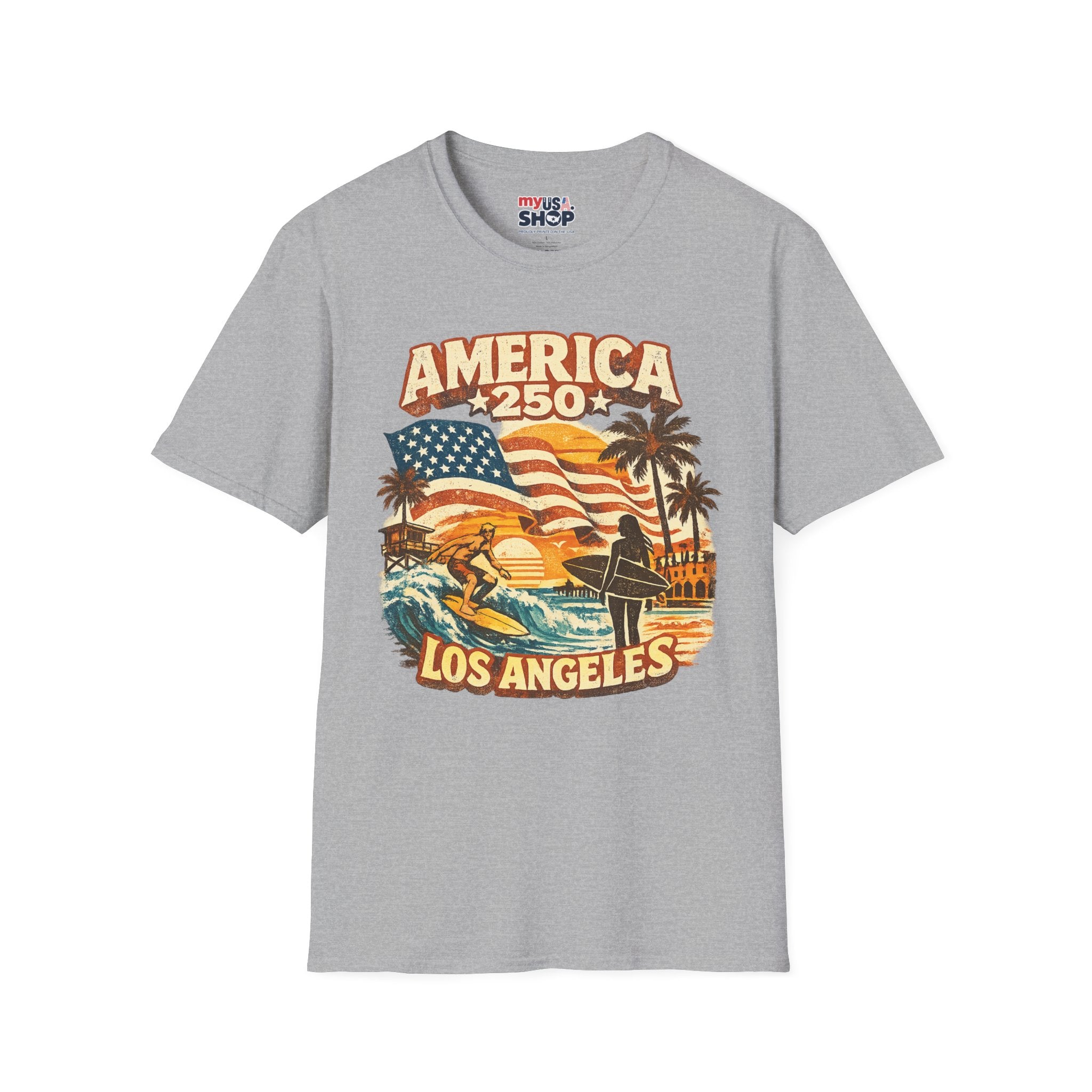 America 250 Los Angeles Surfers Beach Flag Palm Trees Sunset Retro California Tee