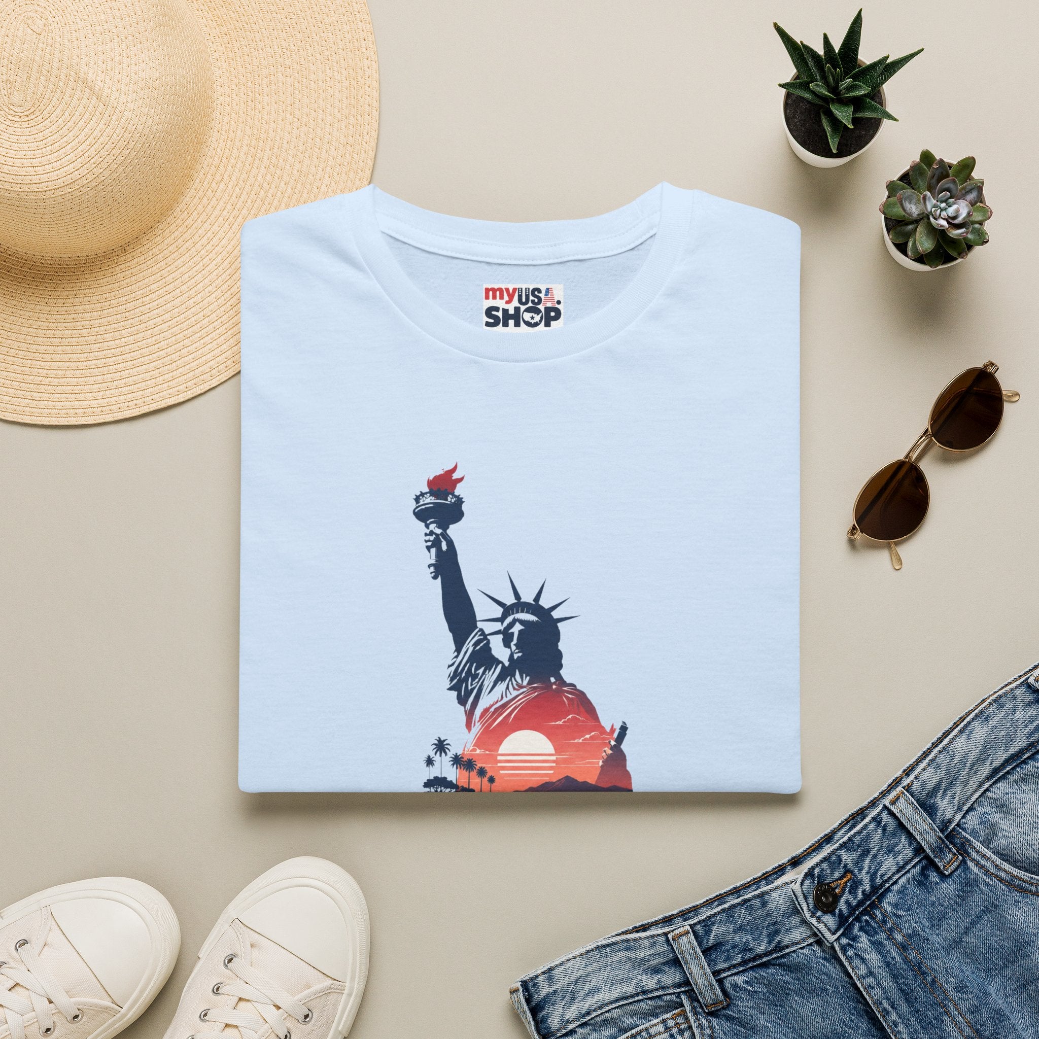 America 250 Liberty Pacific California T-Shirt — Statue of Liberty Sunset Graphic