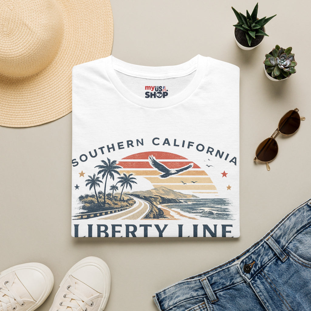America 250 Southern California Liberty Line T-Shirt — Retro Beach Sunset Graphic