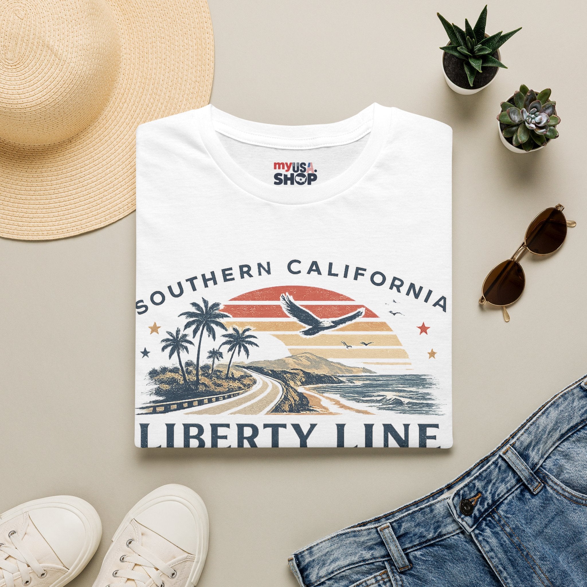 America 250 Southern California Liberty Line T-Shirt — Retro Beach Sunset Graphic
