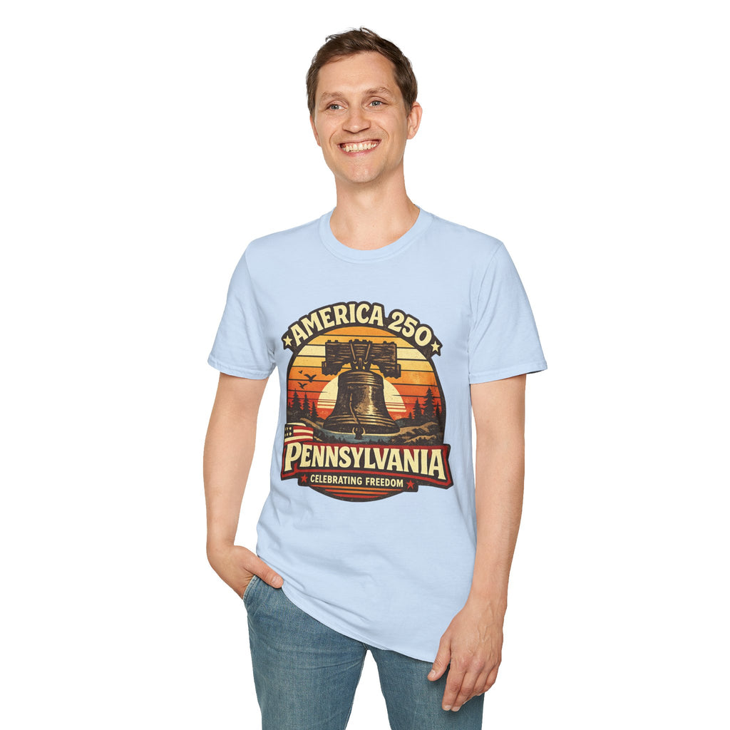 Pennsylvania America 250 Shirt — Retro Sunset Liberty Bell Graphic Tee