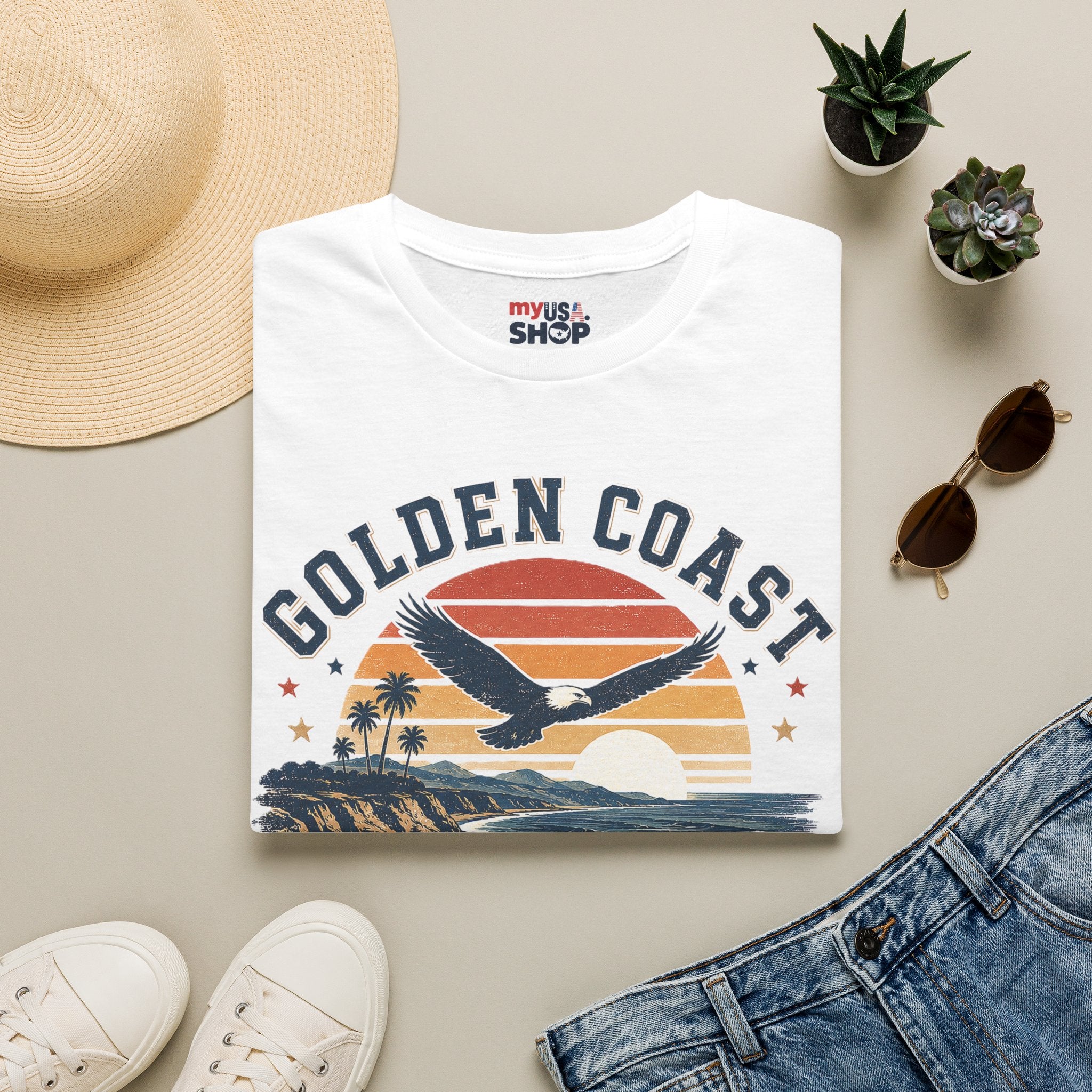Golden Coast T-Shirt — Retro Sunset Eagle America 250 Beach Tee