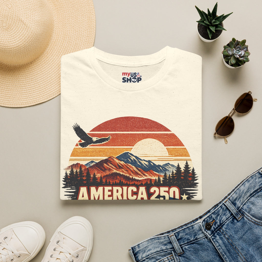 America 250 Retro Sunrise T-Shirt — West Virginia Scenic Eagle Design