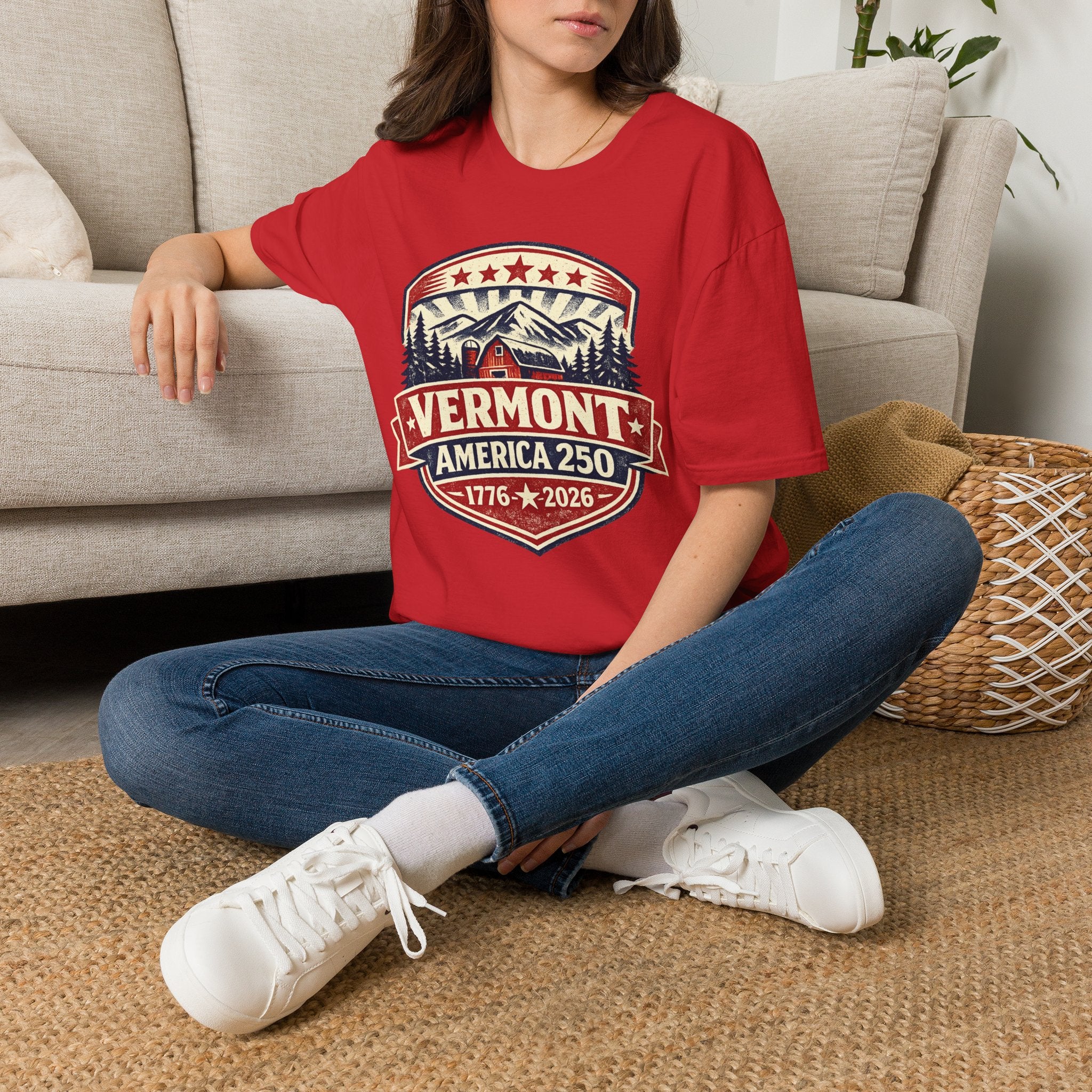 Vermont America 250 T-Shirt — Retro Mountain Cabin Design