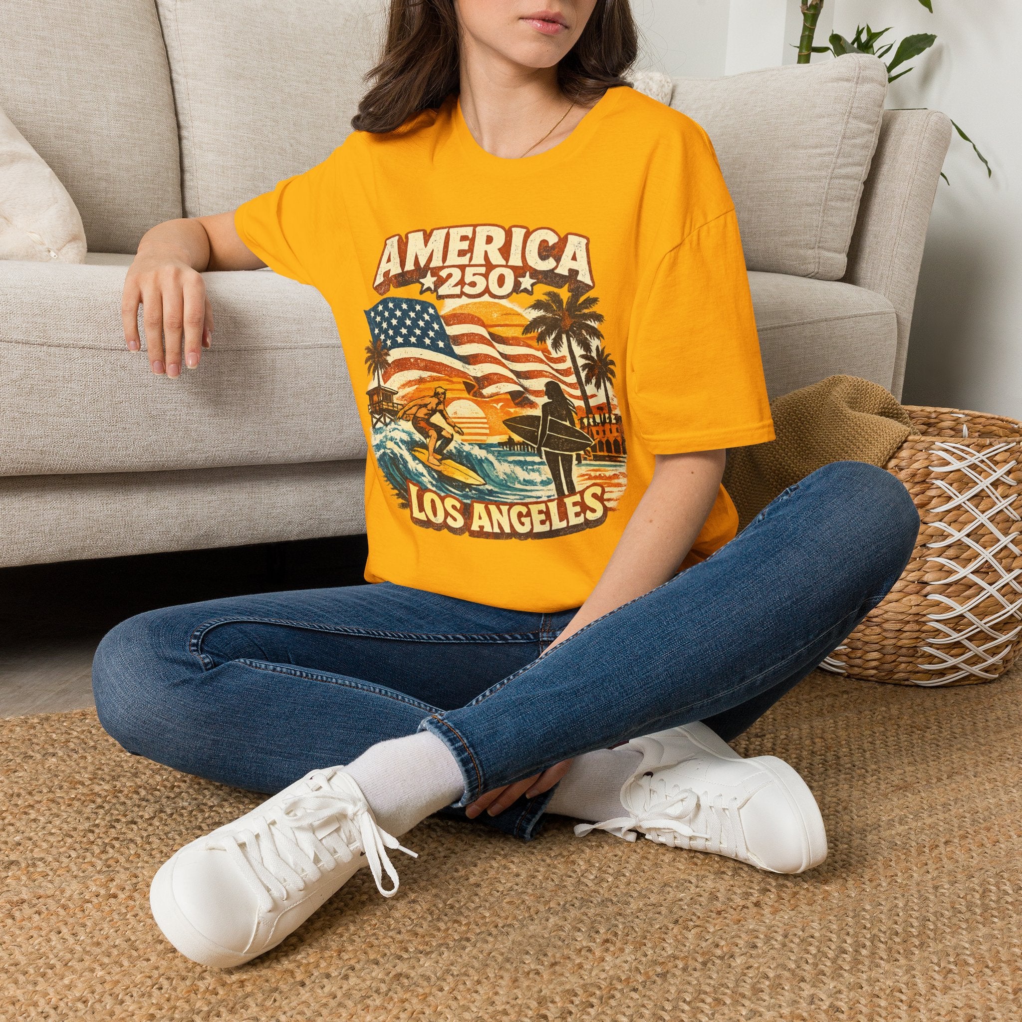 America 250 Los Angeles Surfers Beach Flag Palm Trees Sunset Retro California Tee
