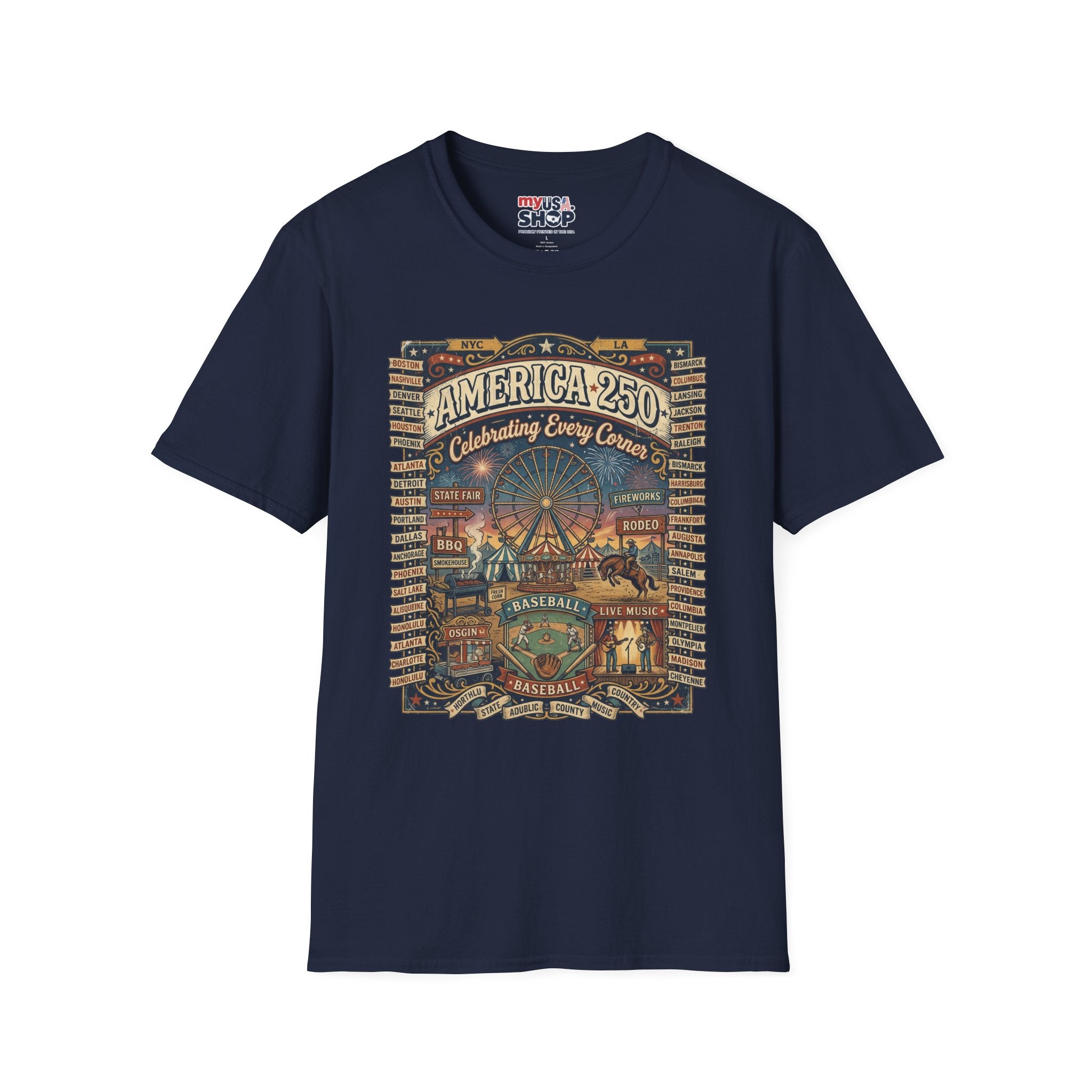 America 250 Celebration T-Shirt — Vintage Fair Ferris Wheel Patriotic Tee Pop Culture