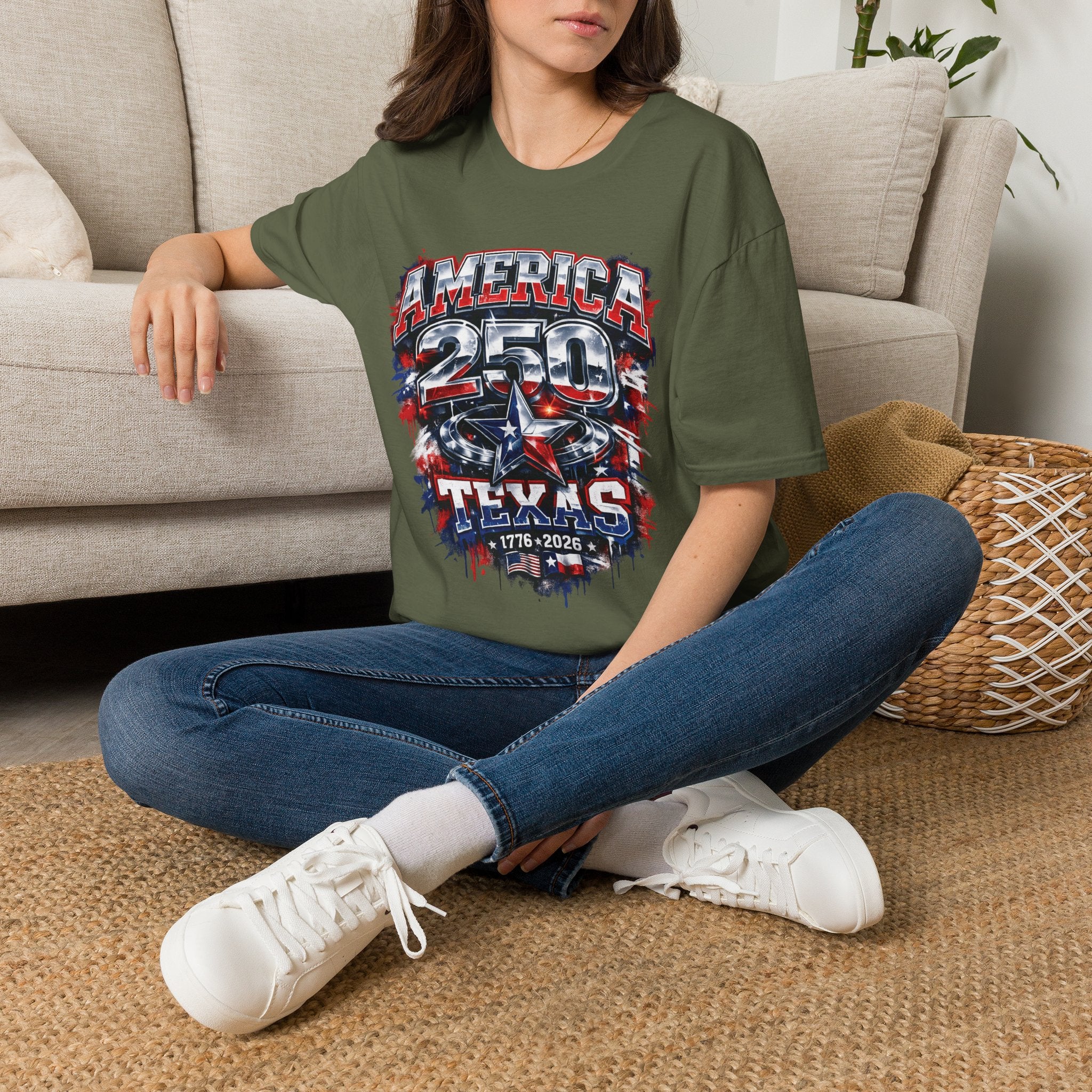 America 250 Texas Shirt — Patriotic Chrome Star Graphic Tee