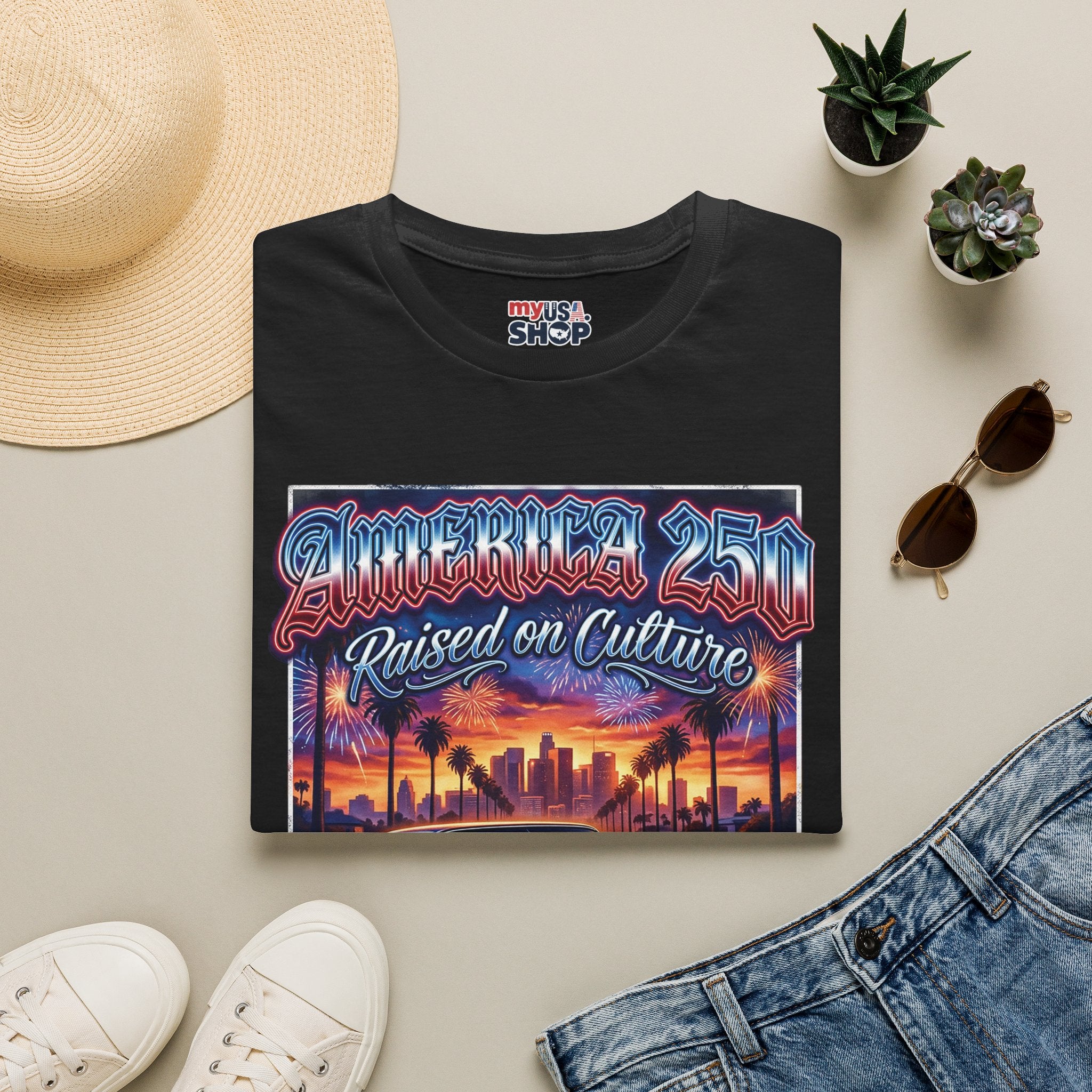 America 250 California "Raised on Culture" — Vintage Sunset Classic Car Patriotic