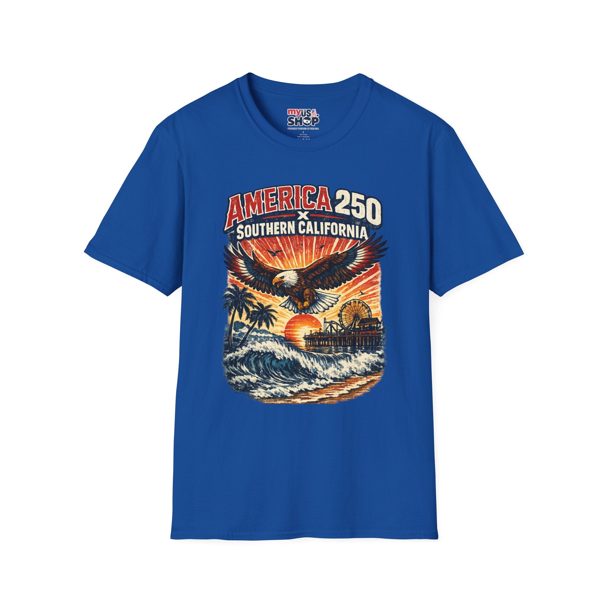 America 250 Southern California Graphic T-Shirt — Eagle, Sunset & Beach Vintage Design