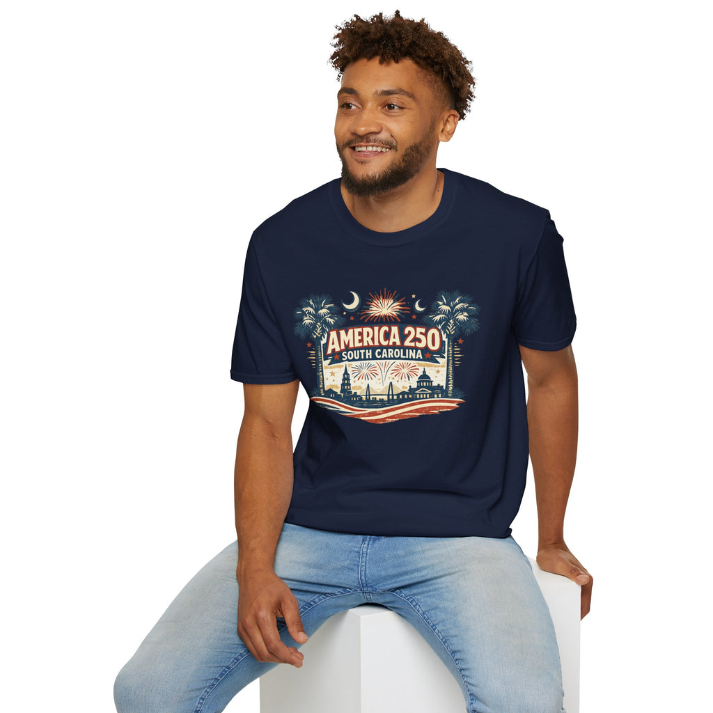 America 250 South Carolina T‑Shirt — Patriotic 250th Anniversary Tee with Palms & Fireworks