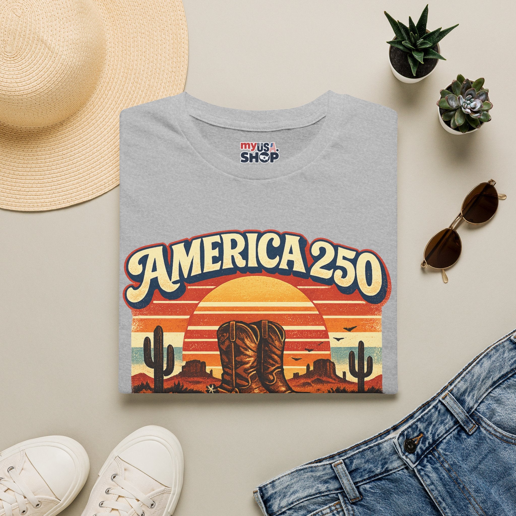 America 250 Texas T-Shirt — 1776–2026 Retro Cowboy Boots Sunset Design